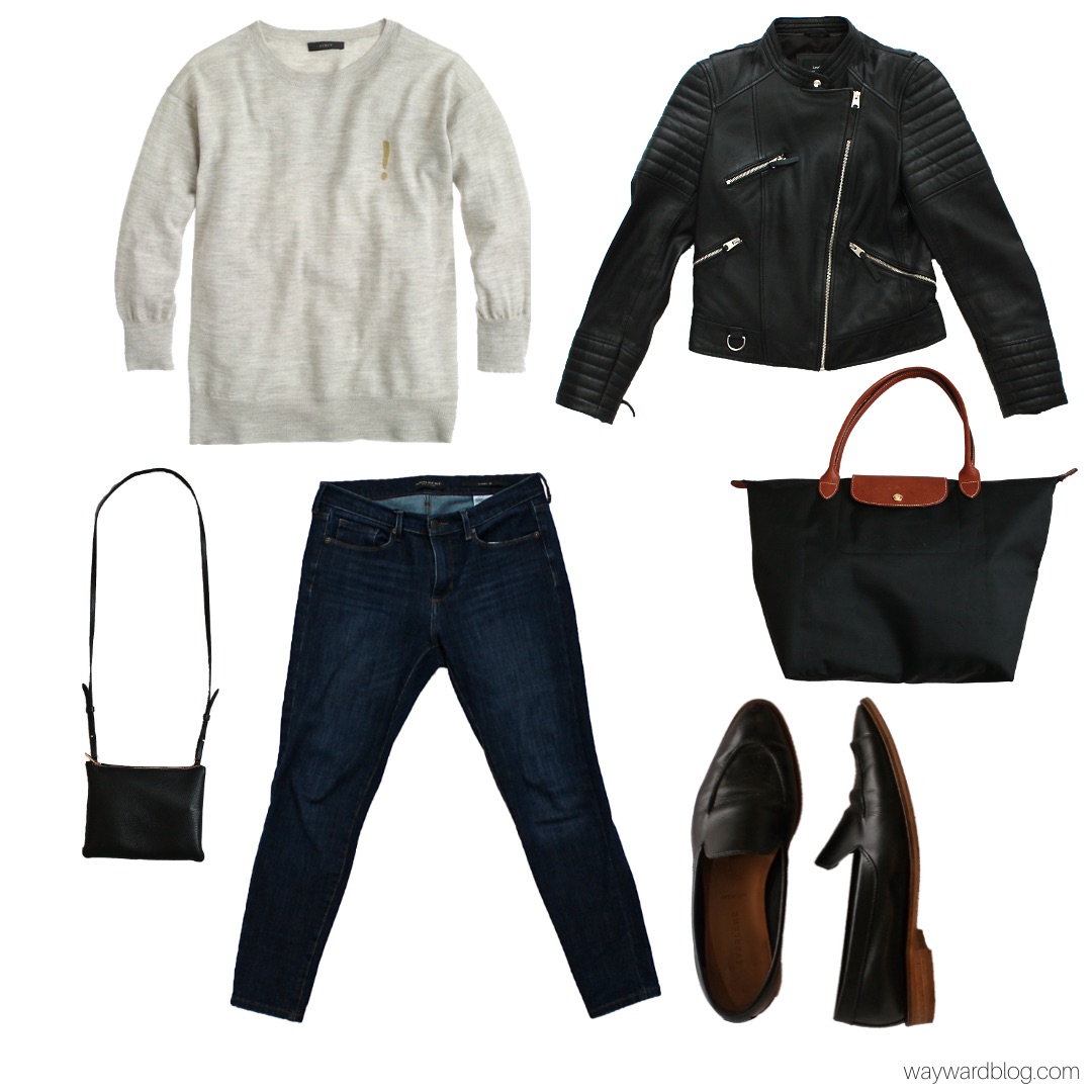 Collage: A grey sweater, blue denim, black jacket, purse, tote, and loafers