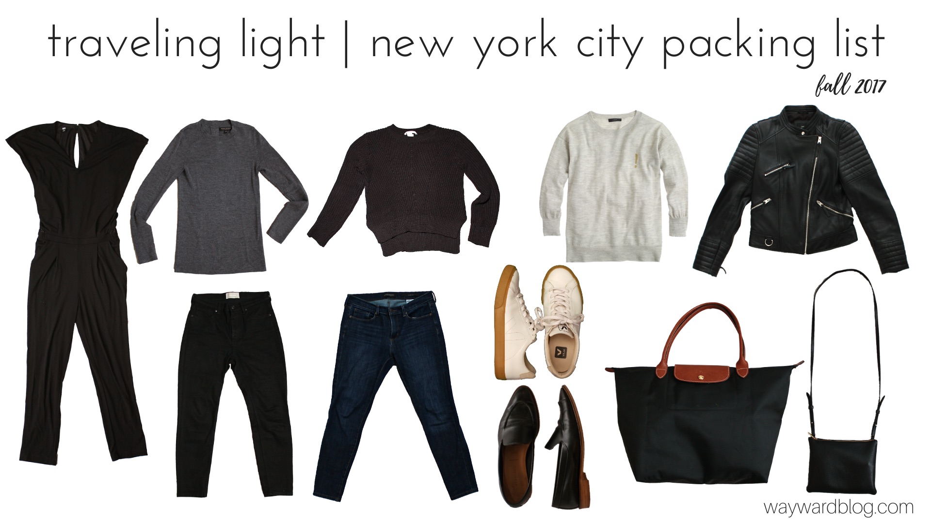 Collage of all items packed for New York City on a white background