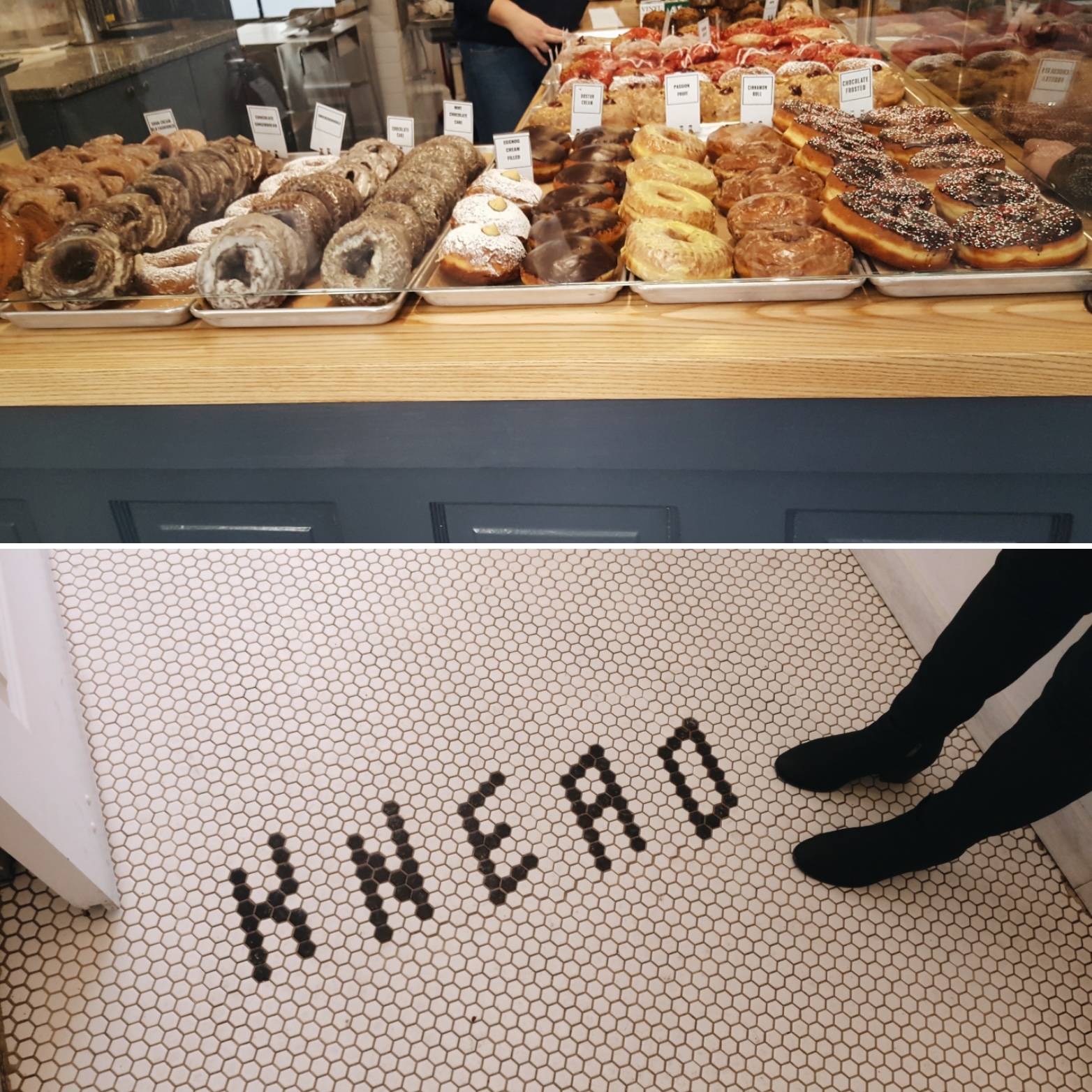 Doughnuts from Knead Doughnuts, and penny tile floor that spells out "Knead"