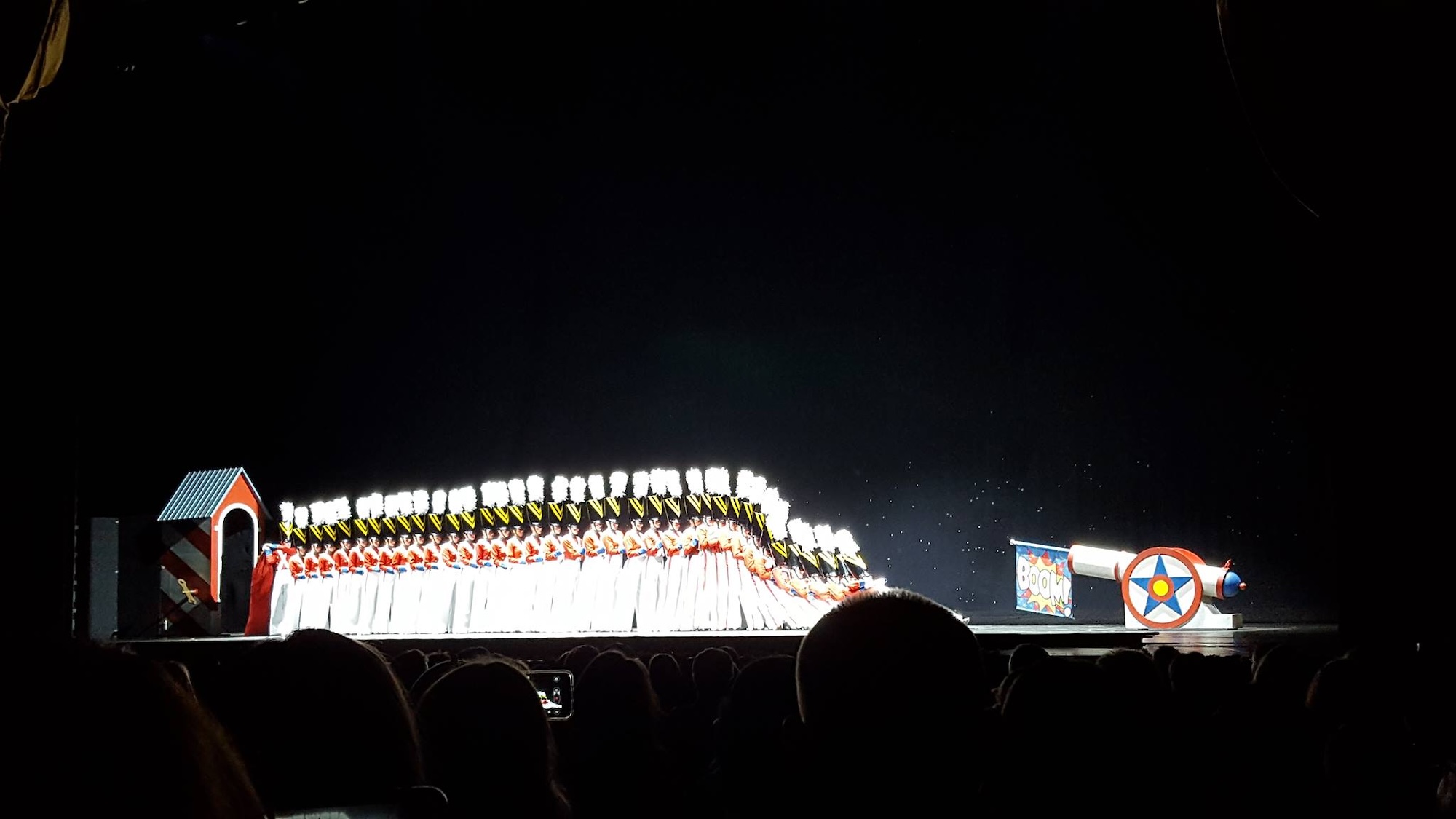 The toy soldiers falling at the Boom of a cannon at the Rockettes show