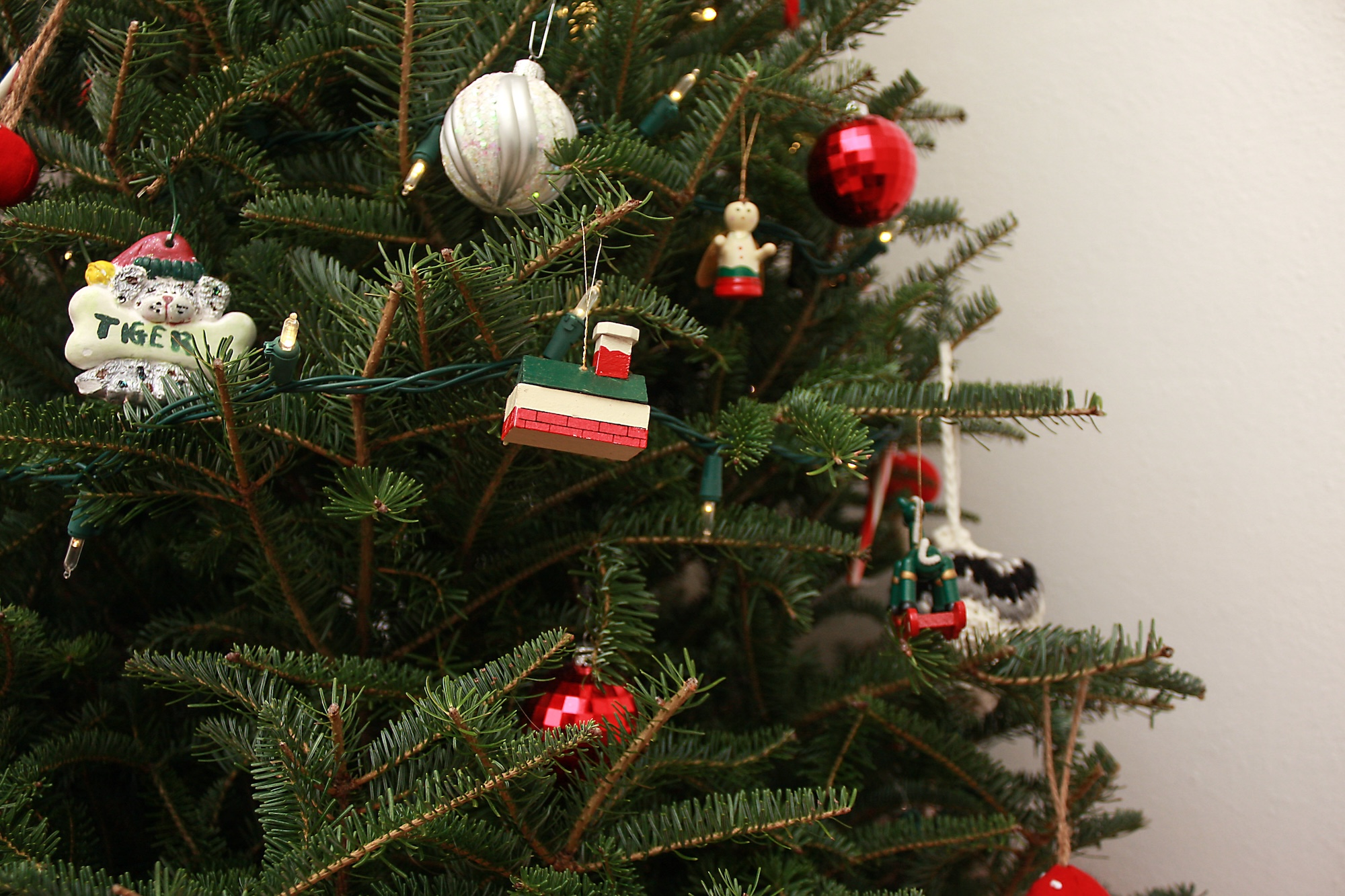 Wooden ornaments on a Christmas Tree