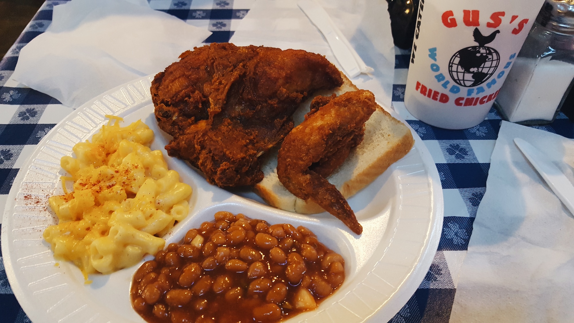 A plate of chicken and two sides at Gus's