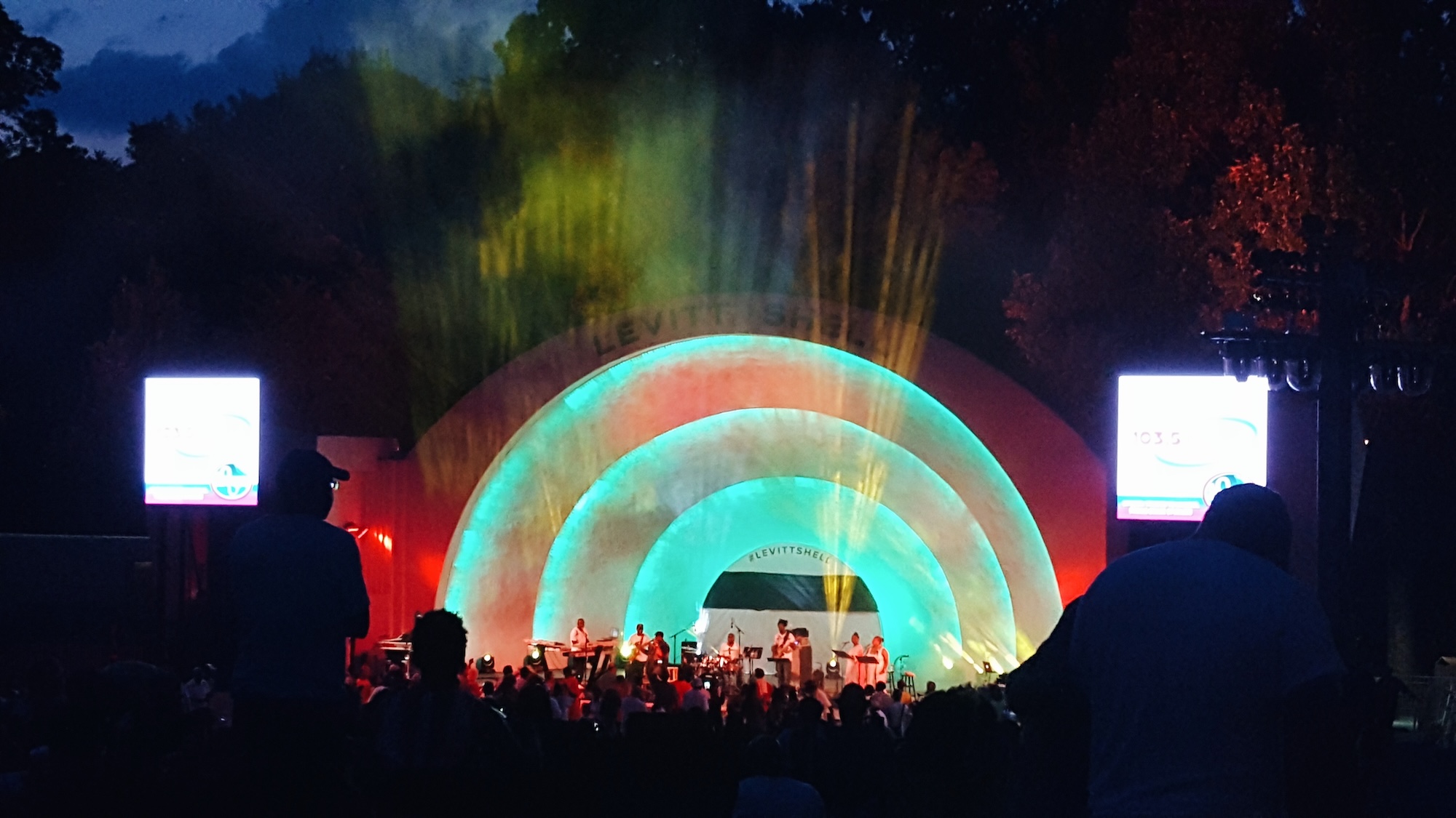 A crowd watches a concert at Overton Park Shell (then Levitt Park Shell)