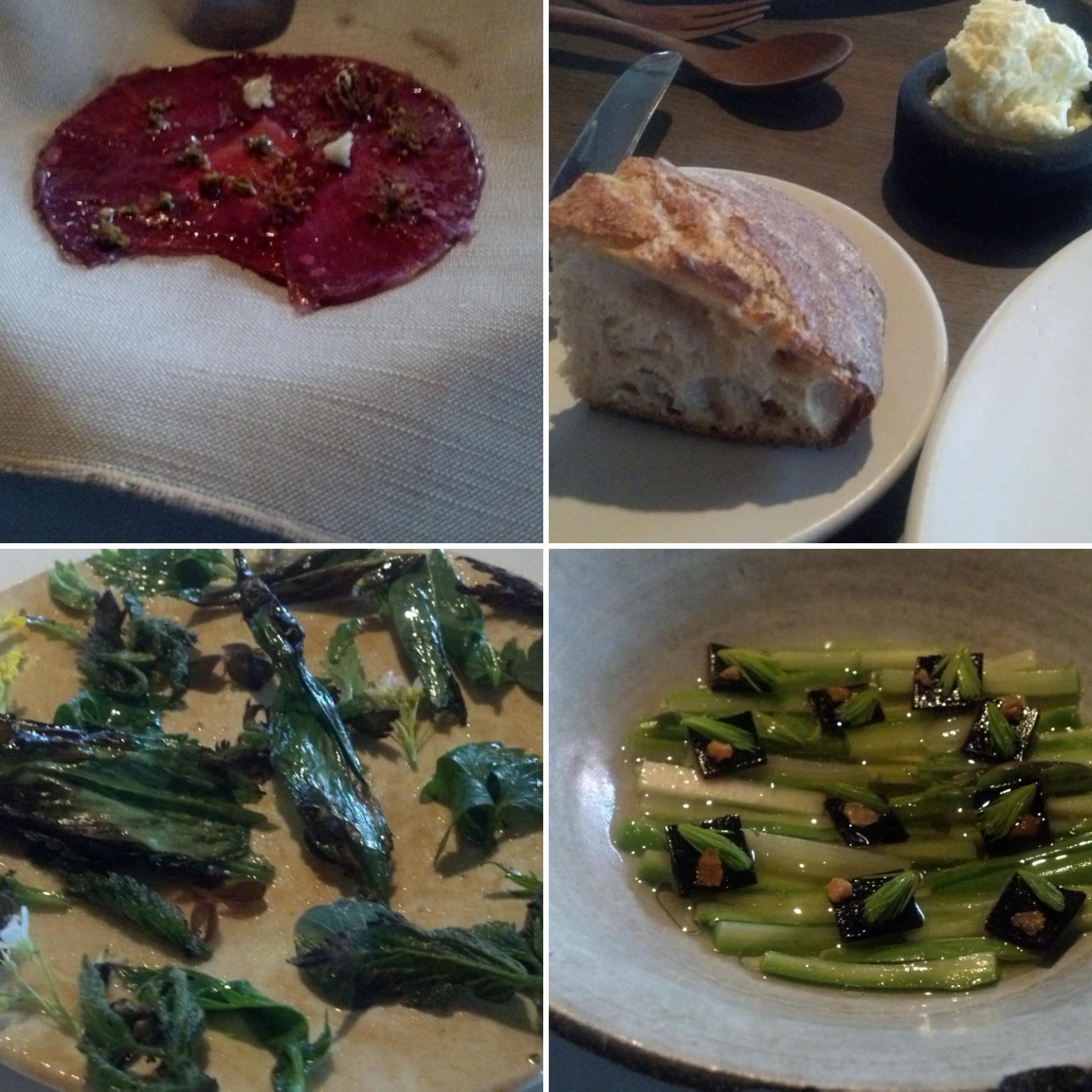 Collage of four courses at noma: 1. Fermented wild plums and wild beach roses | 2. Øland wheat and virgin butter | 3. Asparagus, berries, and seaweed | 4. The first shoots of the season with scallop marinade