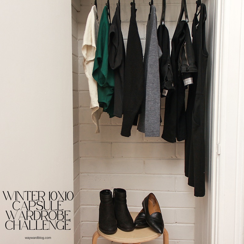 A closet of ten items for the Winter 10x10 with text for the post