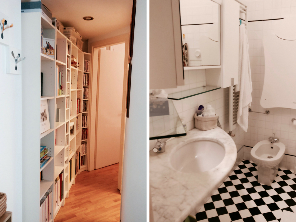 Two images: a well-stocked bookshelf and a bathroom with a bidet