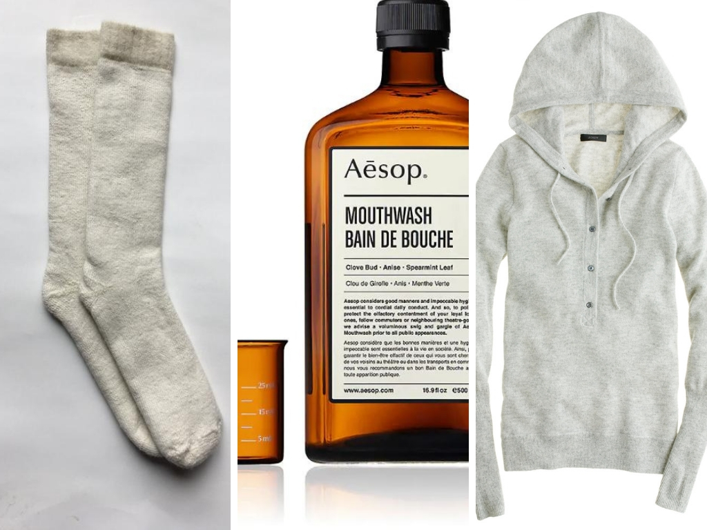 A collage of wool socks, Aesop mouthwash, and a cashmere hoodie