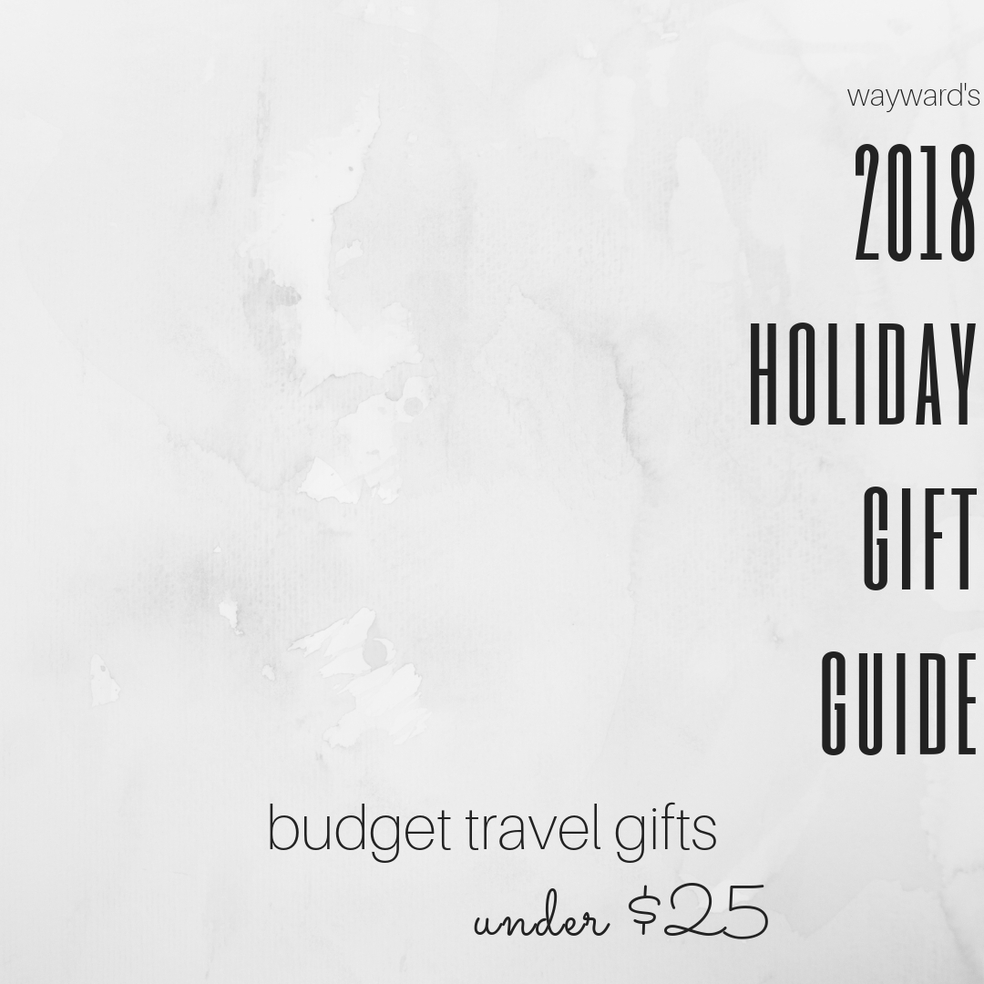 A Pinterest Pin that reads "2018 Holiday Gift Guide: Budget Travel Gifts Under $25"