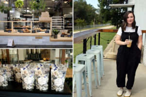 Collage Photo of three image, clockwise from top left: an assortment of pastries behind a glass screen, Krystal wearing a white tee and a linen jumpsuit while holding an iced coffee, and bags of coffee beans