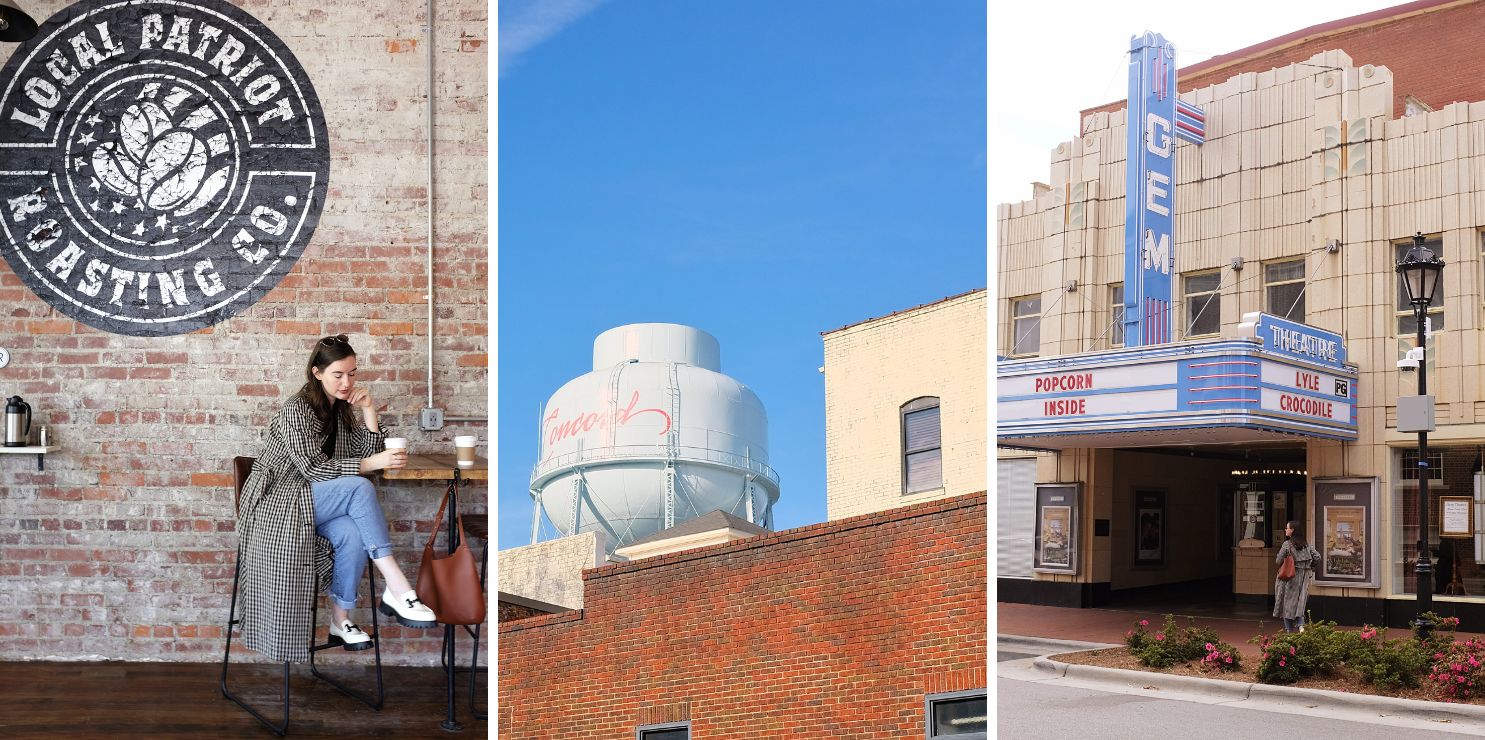 Three photos from a partnership with Explore Cabarrus: Alyssa in a coffee shop in Kannapolis, the Concord water tower, and the Gem Theatre in Kannapolis