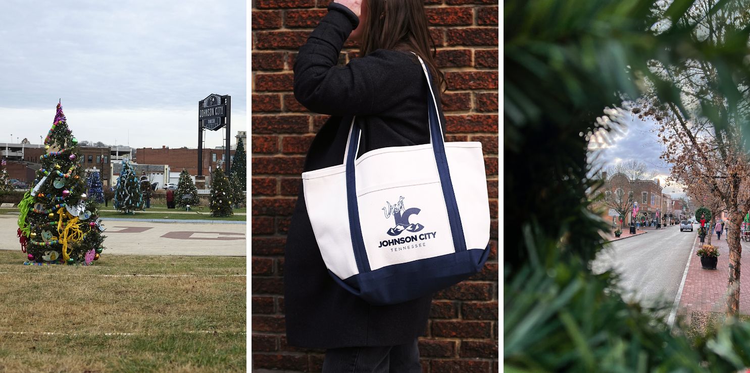 Three images from a partnership with Johnson City: Candy Land Christmas trees, Alyssa carrying a Visit Johnson City tote, and downtown Jonesborough