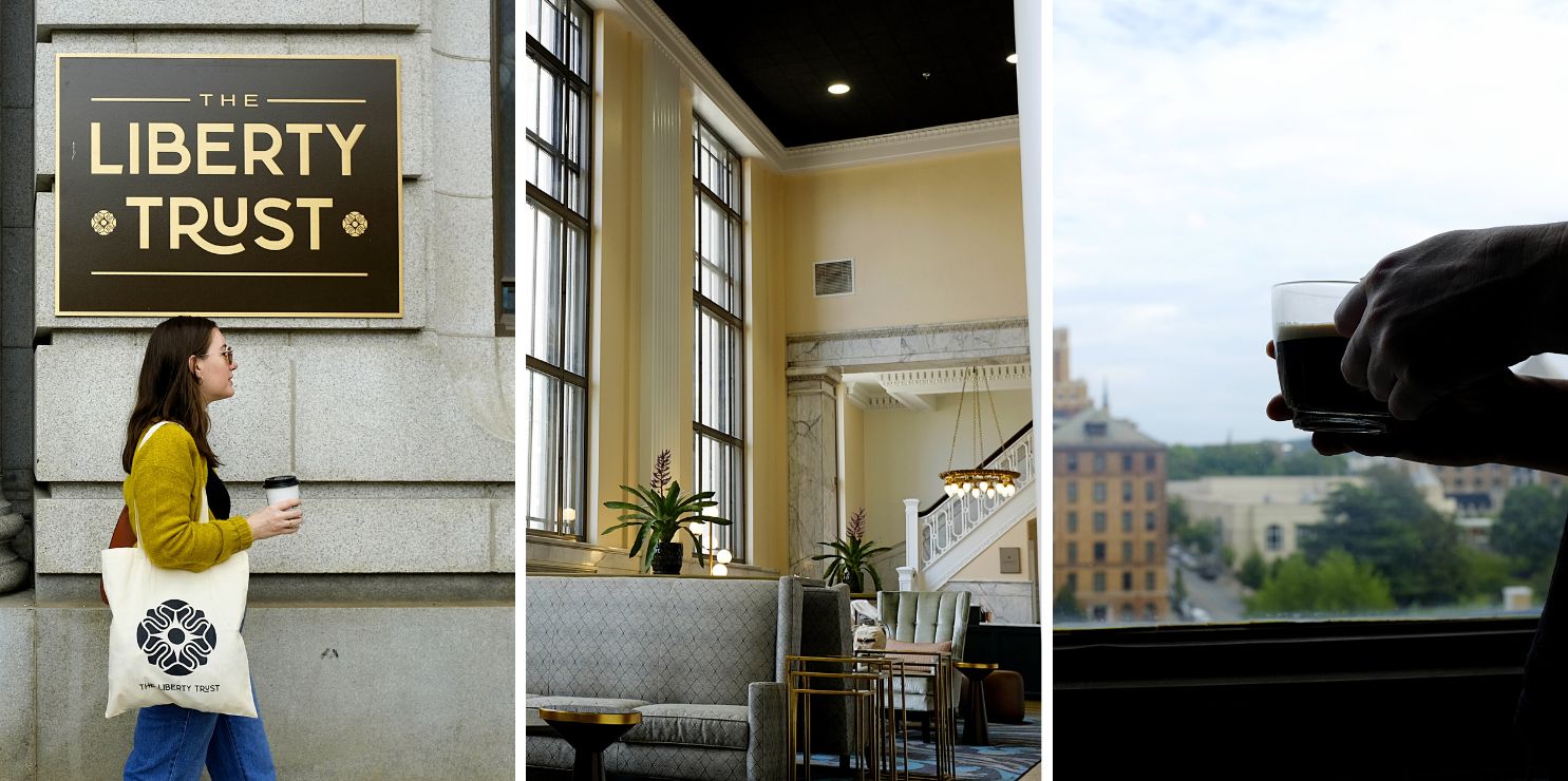 Collage of images from The Liberty Trust Hotel: Outside, lobby interior, and view over Roanoke