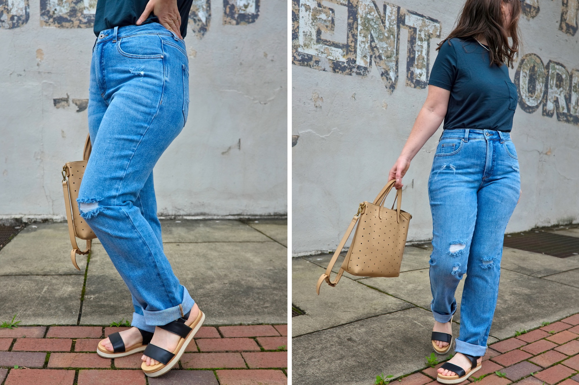 Alyssa wears the Donna jeans in two photos to show the distressed denim