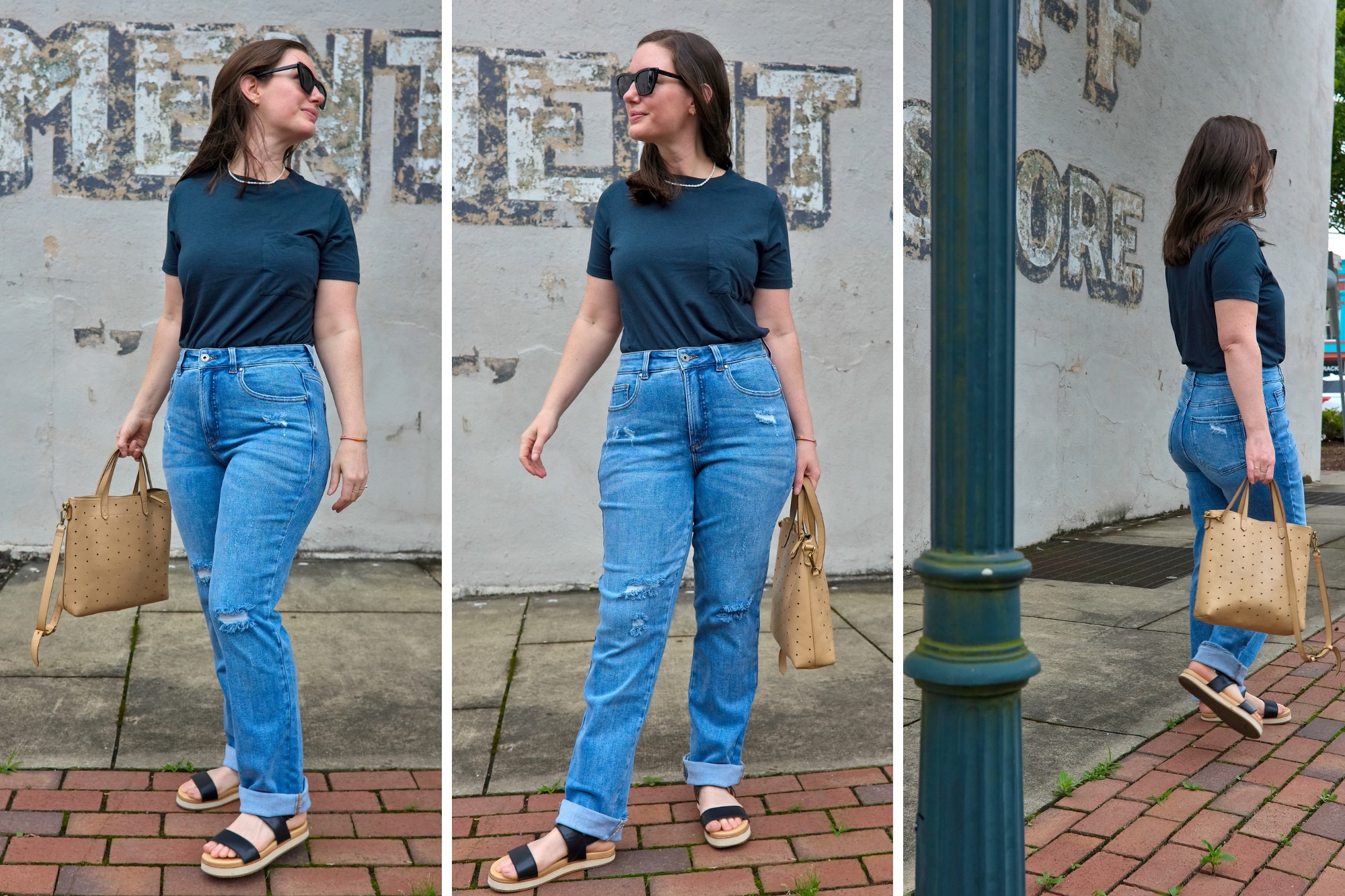 Alyssa wears the Donna Jeans in three photos