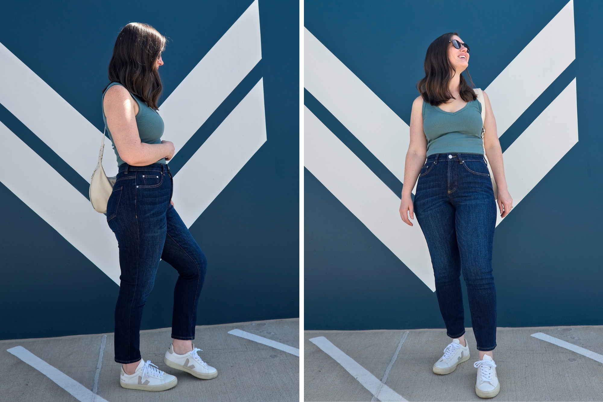 Alyssa wears the Universal Standard Joni Jeans with a blue tank and white sneakers 