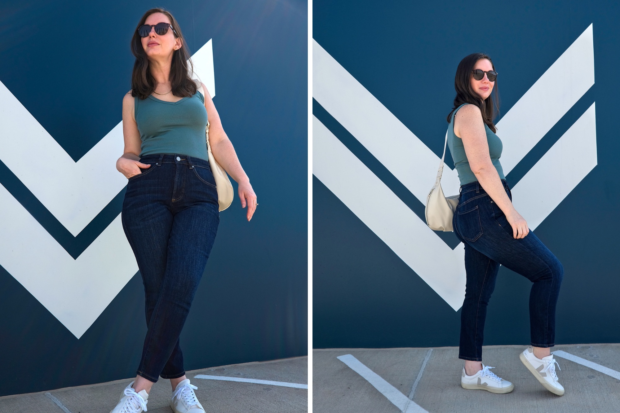 Alyssa wears the Joni Jeans with a blue tank and white sneakers