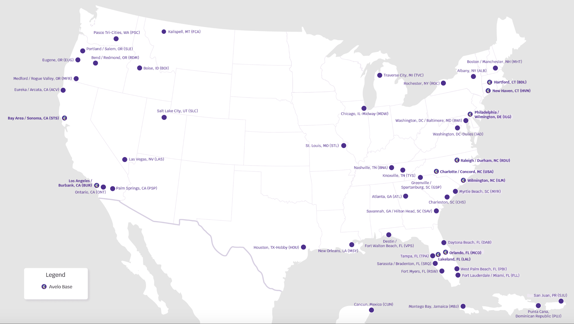 A screenshot of Avelo's route map as of December 2024