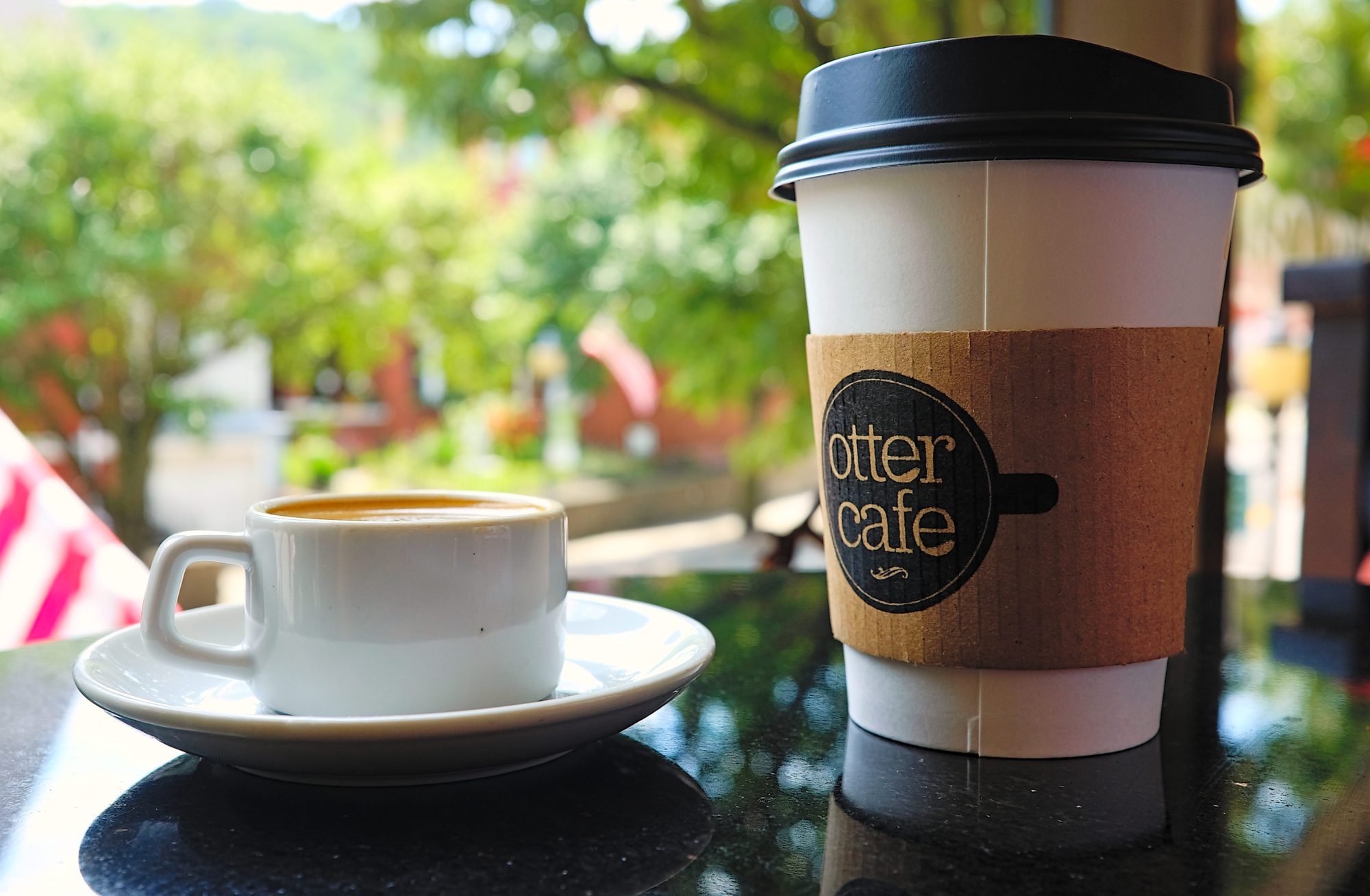 Two coffees in the window at Otter & Oak