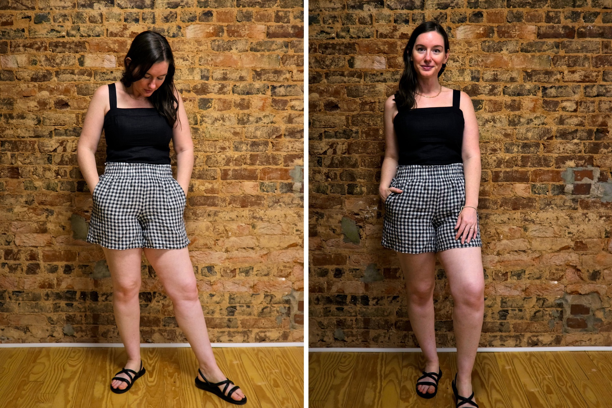 Alyssa wears a black linen tank with gingham linen shorts in two photos 