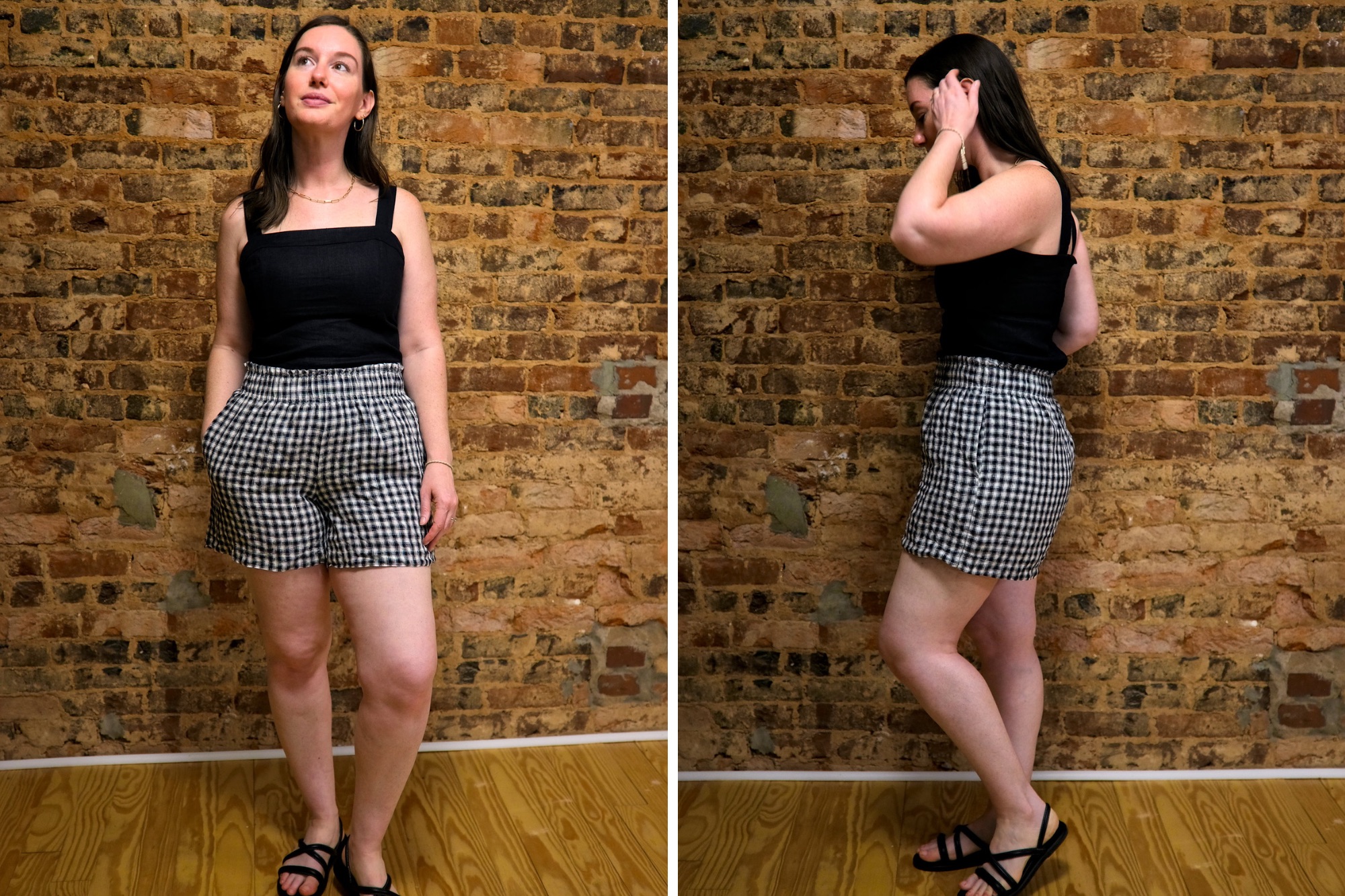 Alyssa wears a black linen tank with gingham linen shorts in two photos 