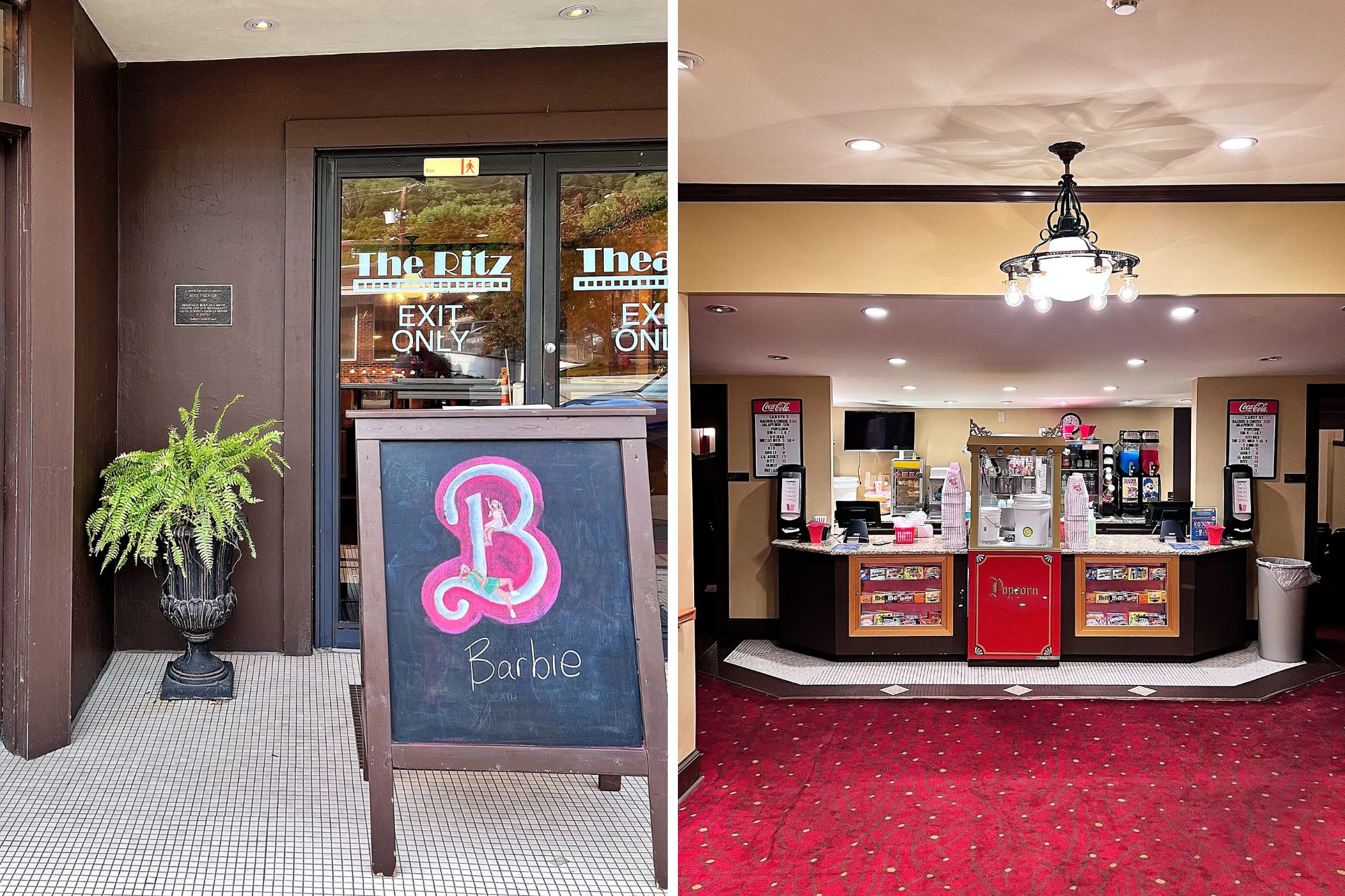 Two images of The Ritz Theatre in Hinton: the exterior doors and the concession stand