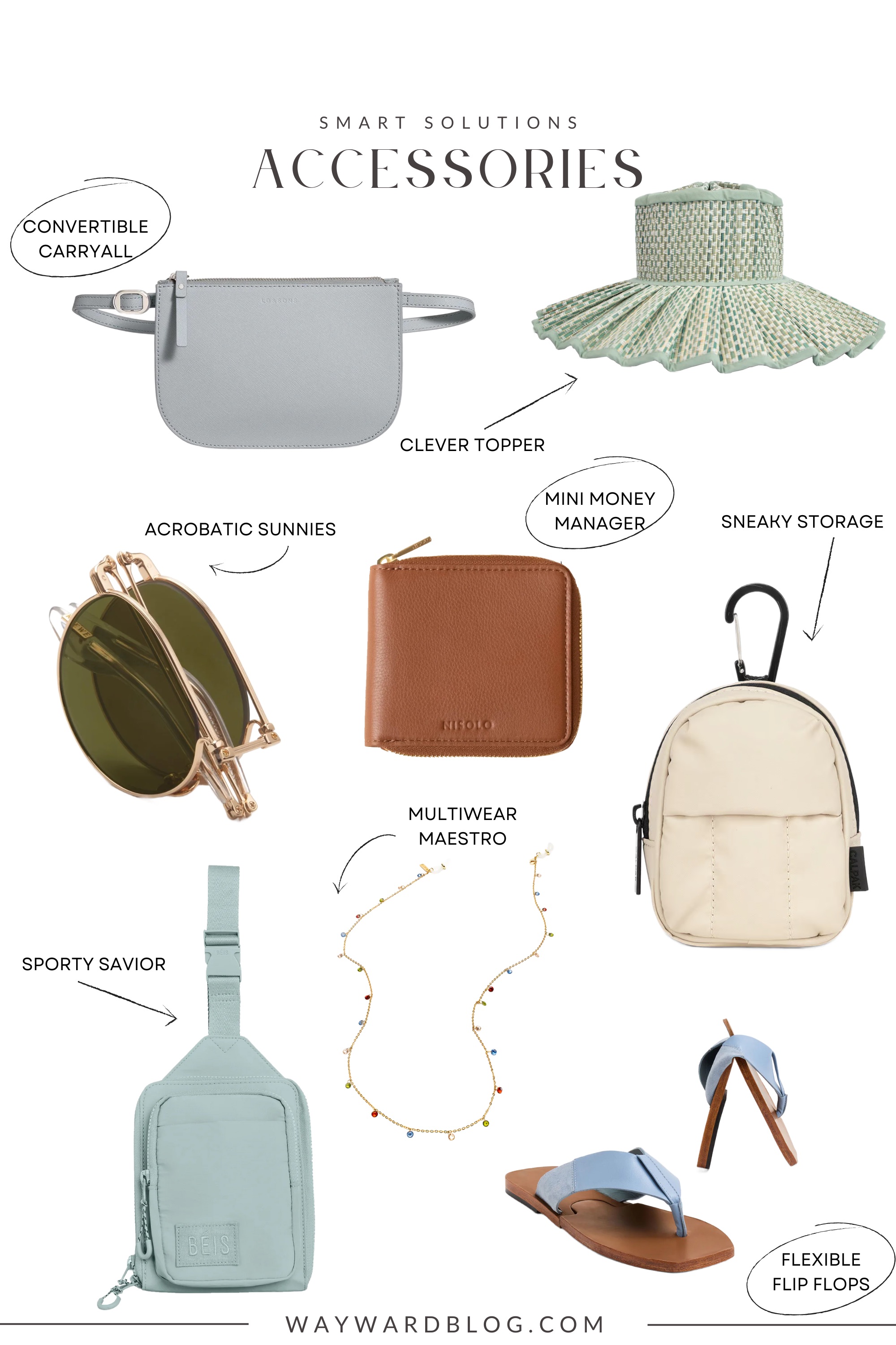 Collage of clever accessories for traveling light