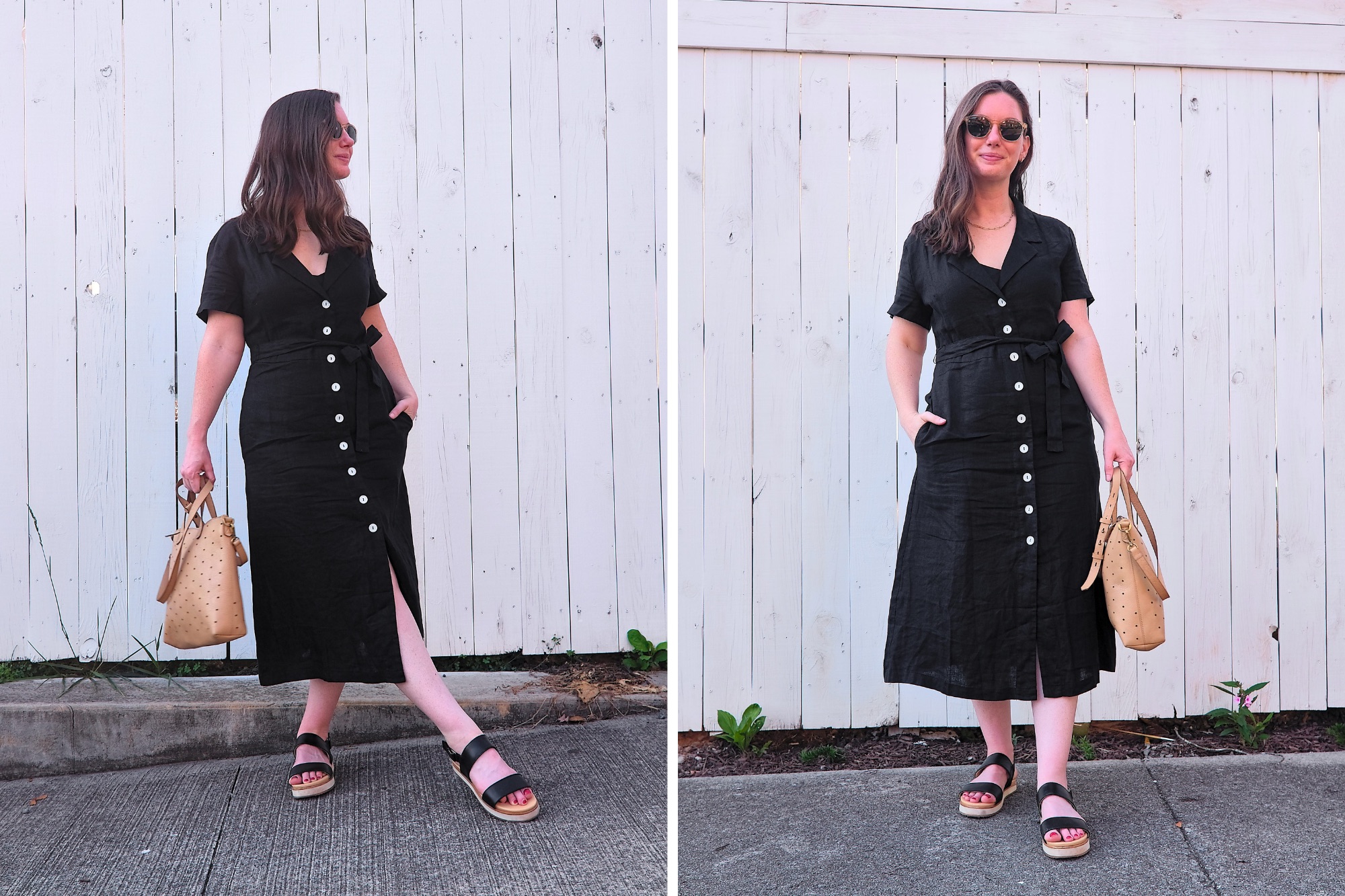 Alyssa wears the black Quince Linen Button Down Dress in two photos