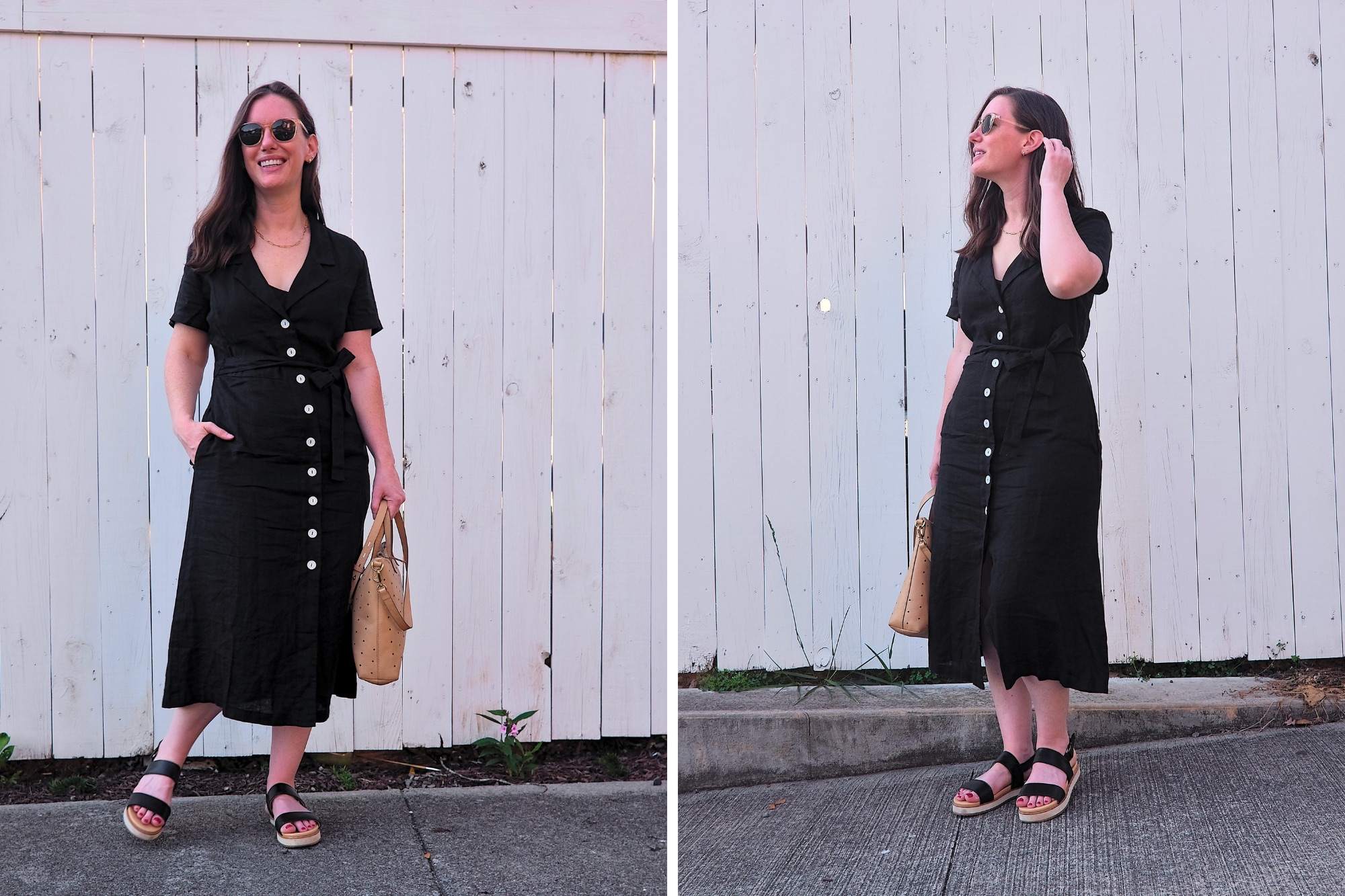 Alyssa wears the Quince Linen Button Down Dress in two photos