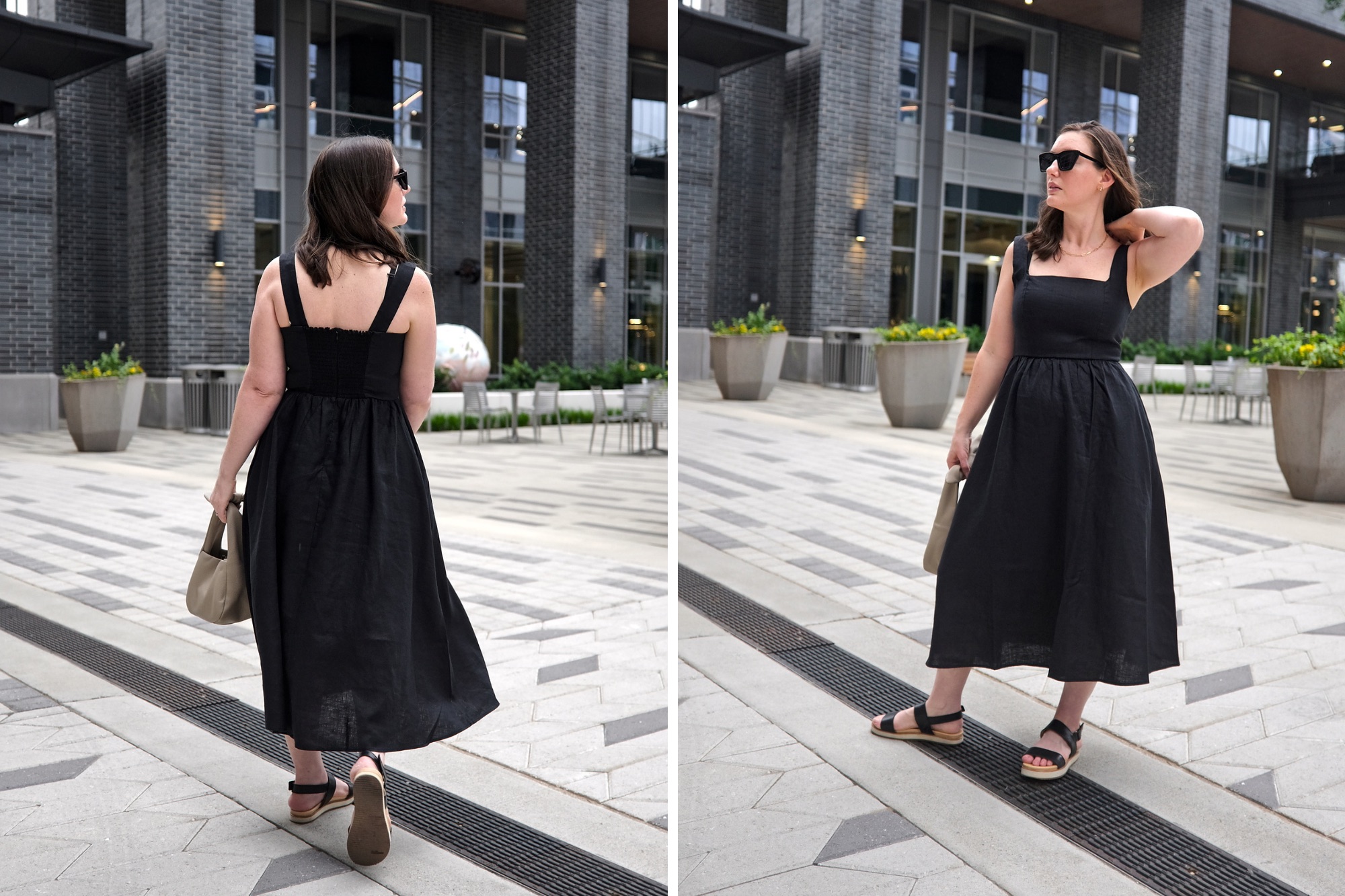 Alyssa wears the Quince Linen Fit & Flare Midi Dress in two photos