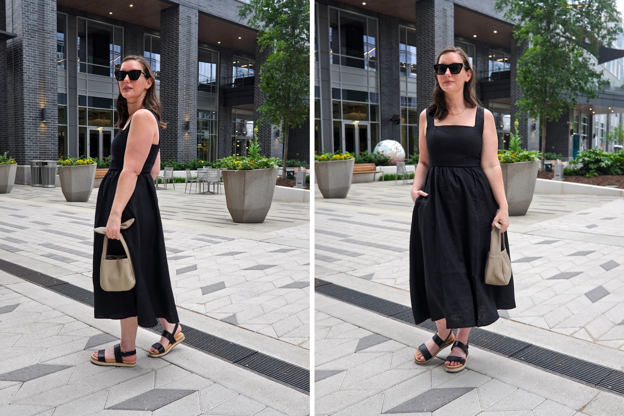 Alyssa wears the Quince Linen Fit & Flare Midi Dress in two photos