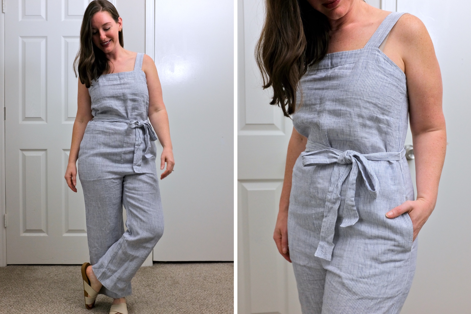 Alyssa wears the linen jumpsuit from Quince