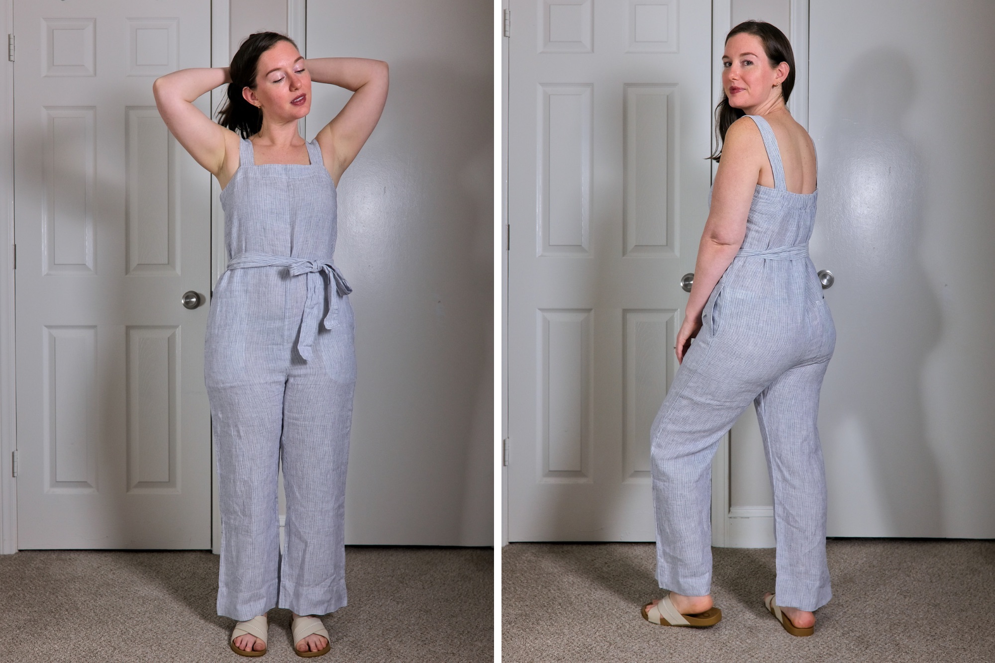 Alyssa wears the linen jumpsuit from Quince