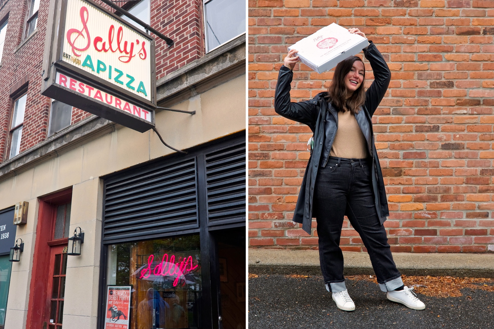 The entrance to Sally's and Alyssa holding a box of pizza over her head