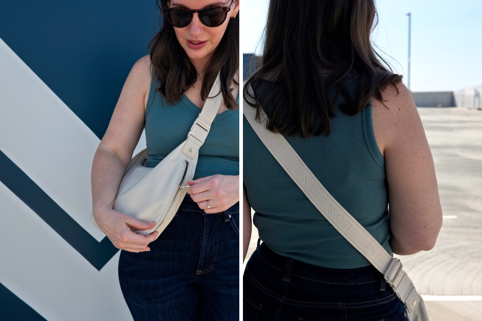Alyssa shows the front pocket and strap of the Aoyama Bag 
