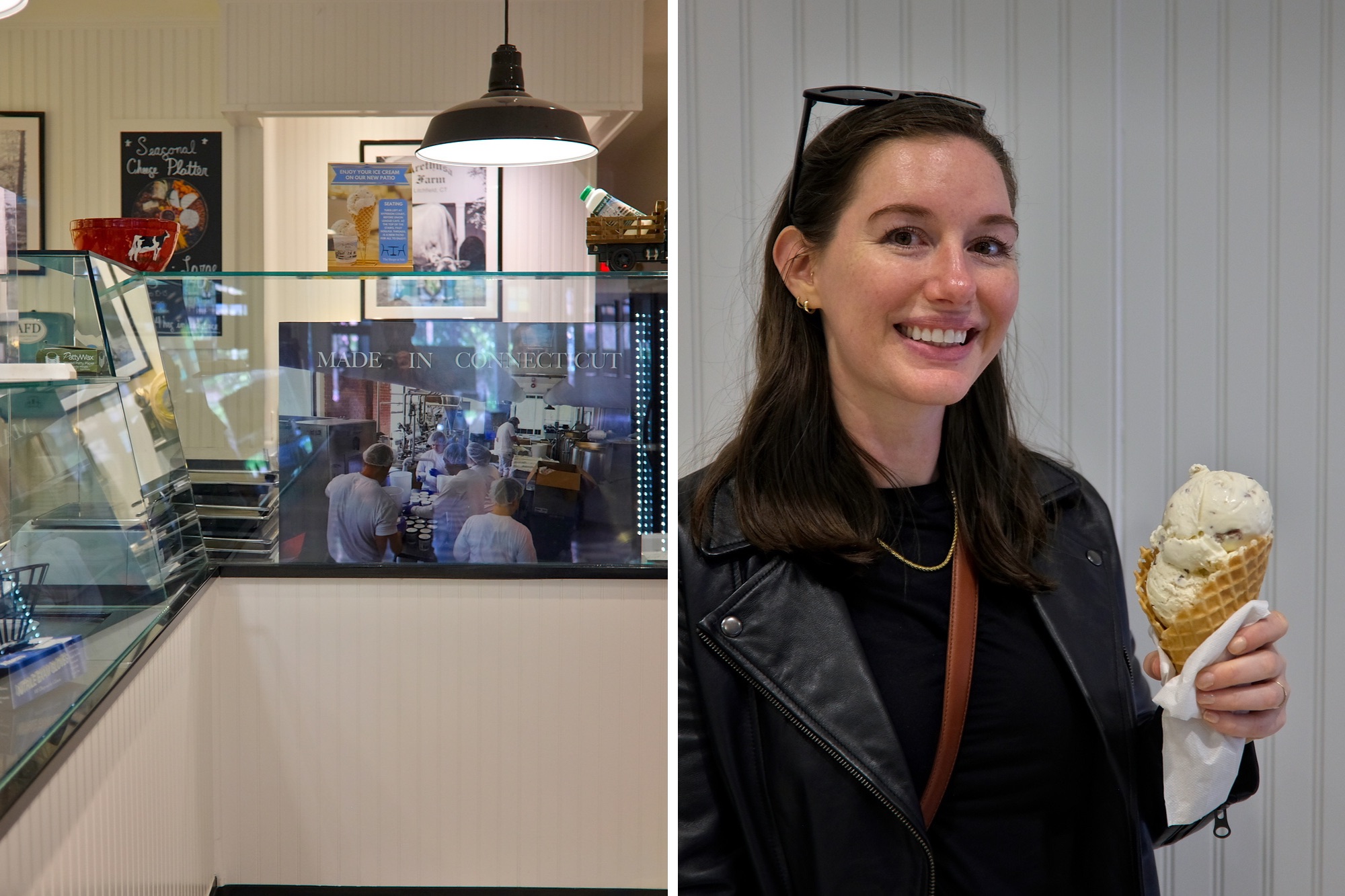 Interior of Arethusa Farm Dairy and Alyssa with an ice cream cone