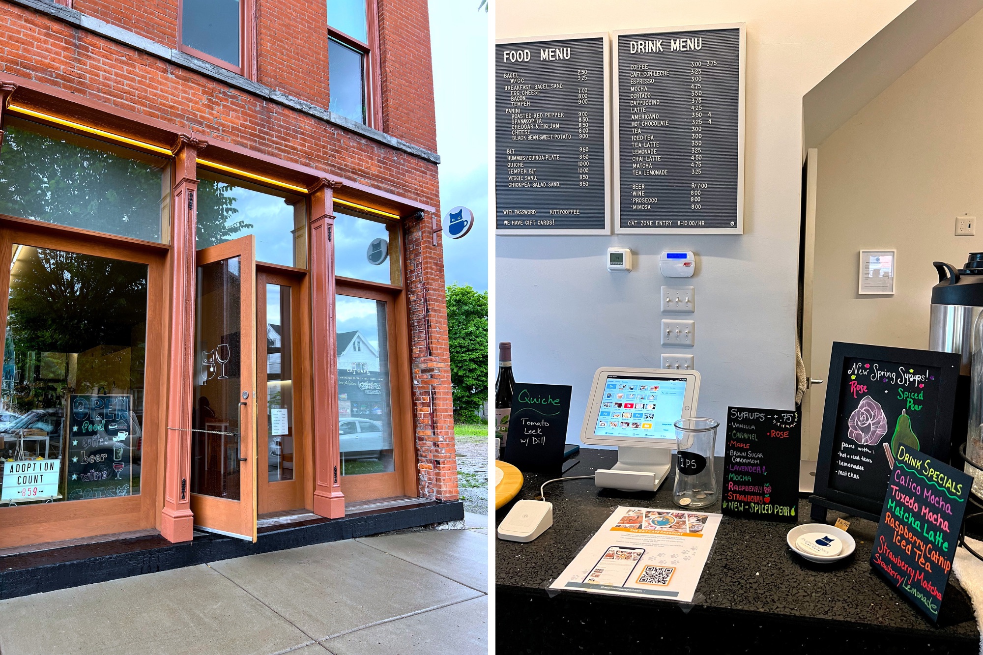 Exterior of Buckminster's Cat Cafe and the cafe menu