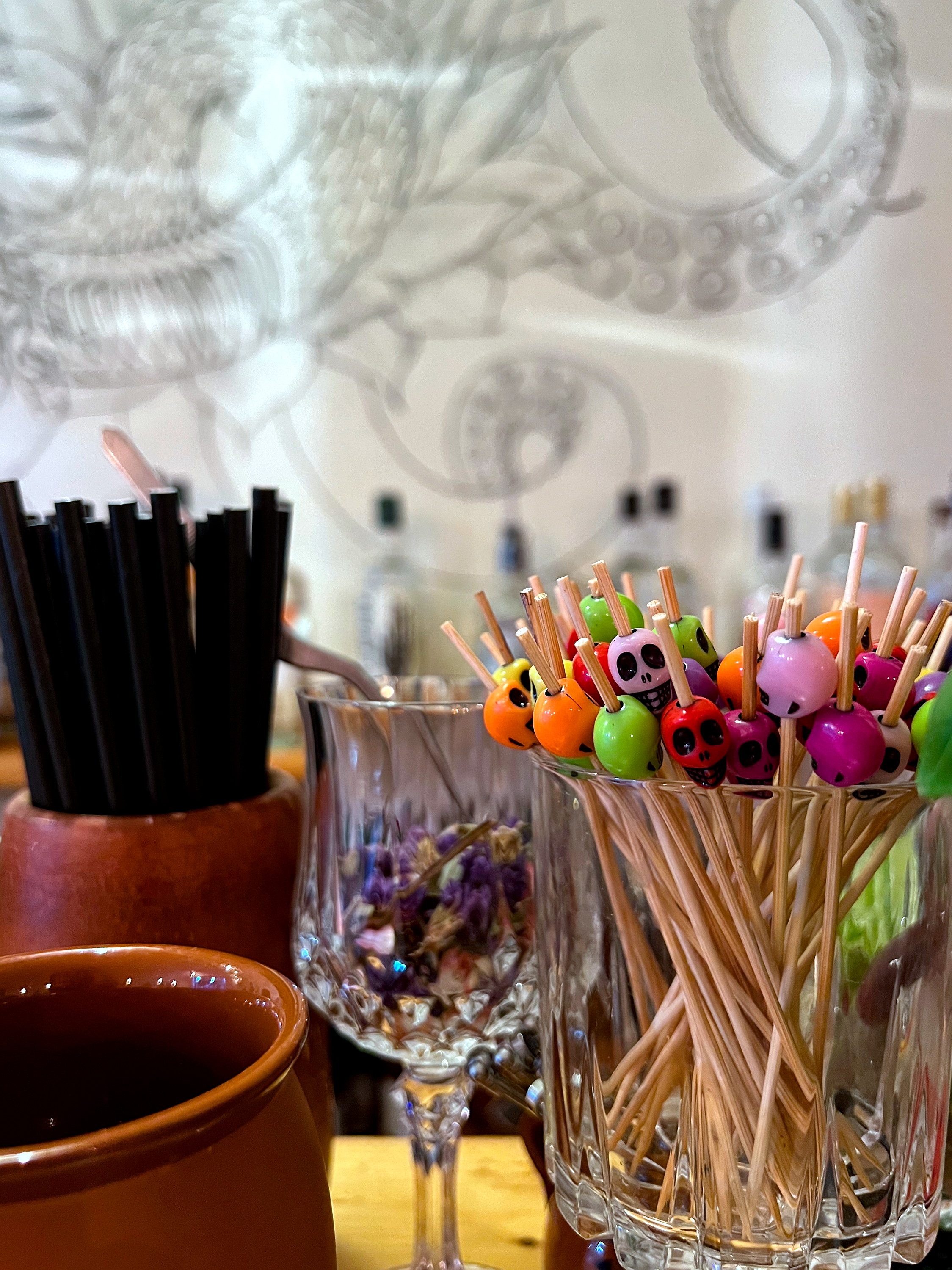 A selection of cocktail picks with skulls at Las Puertas