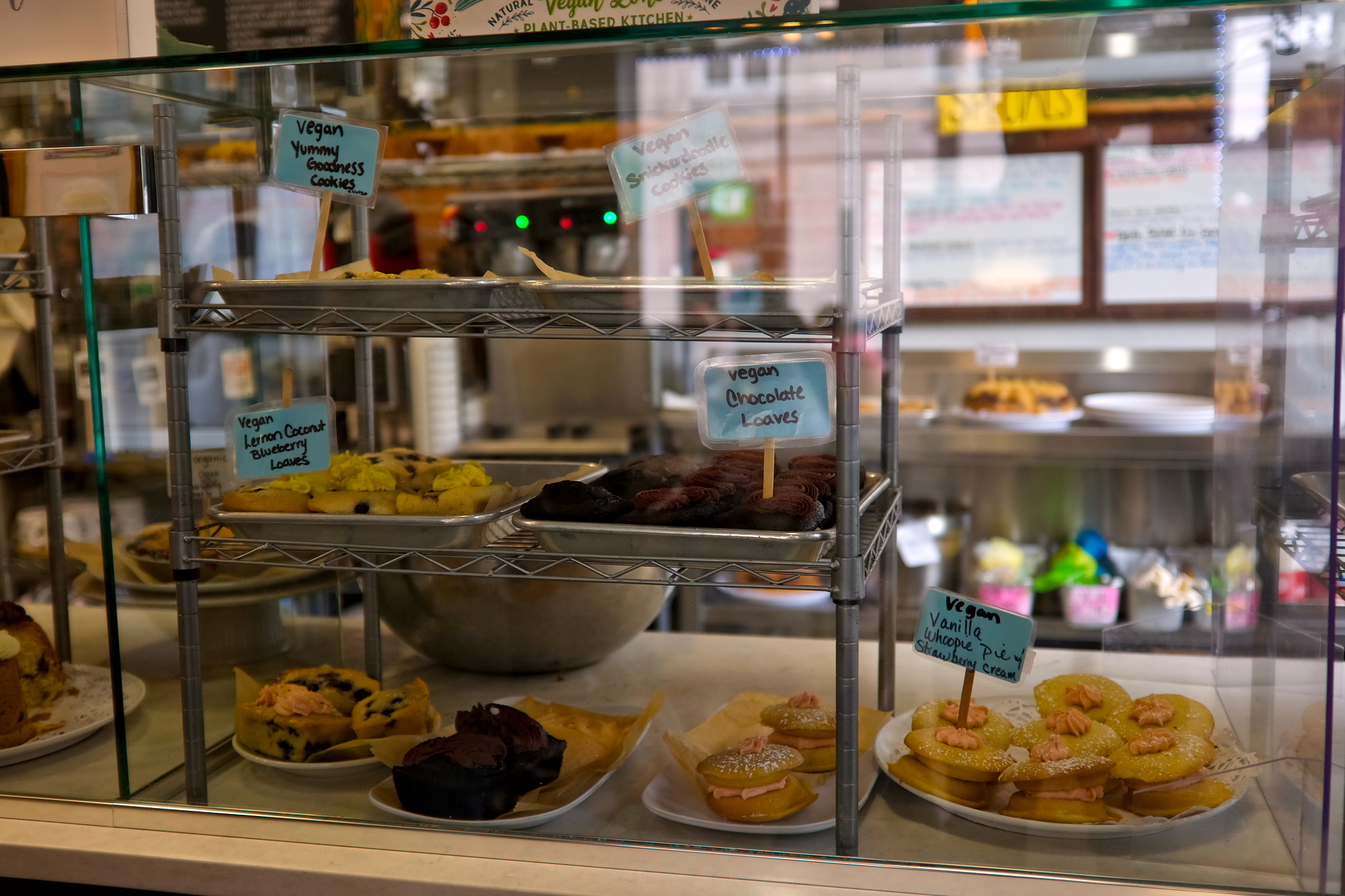 A pastry case at Claire's Corner Copia