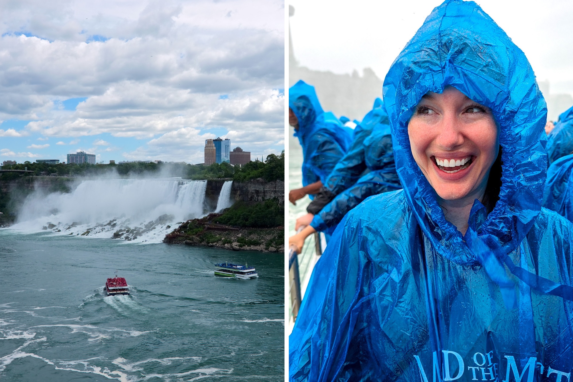 The Maid of the Mist and Hornblower boats sail past American Falls and Alyssa wears a poncho