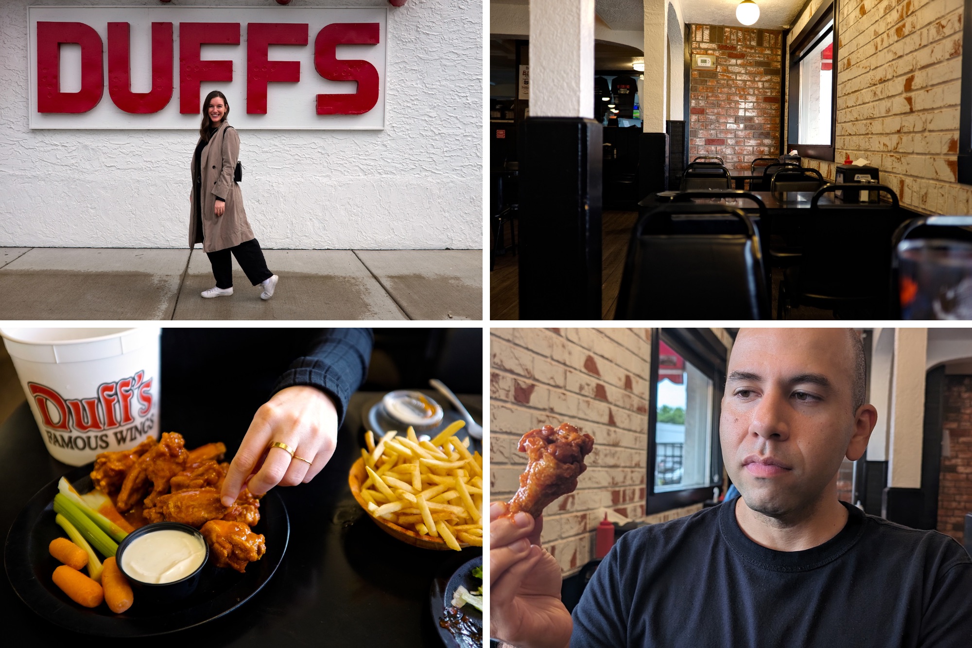 Alyssa outside of Duffs Famous Wings, the interior of the restaurant, a plate of wings, and Michael holding a wing