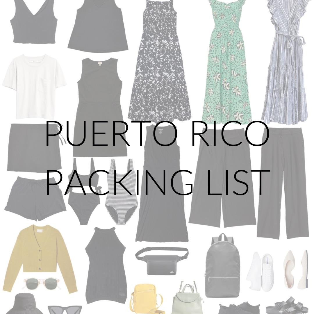 A collage of items packed for Puerto Rico with text overlay "Puerto Rico Packing List"