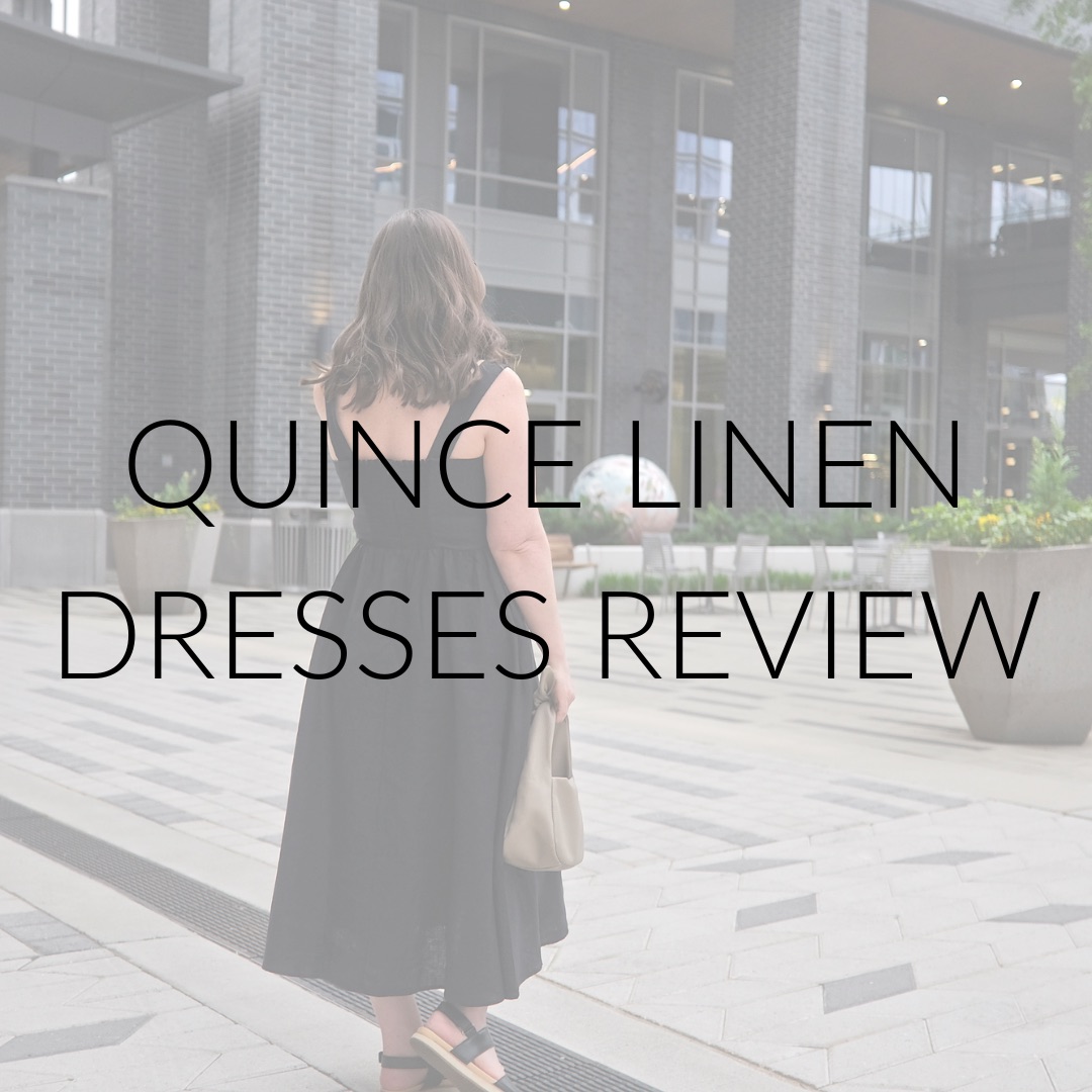 Alyssa in a linen dress and text overlay "Quince Linen Dresses Review"