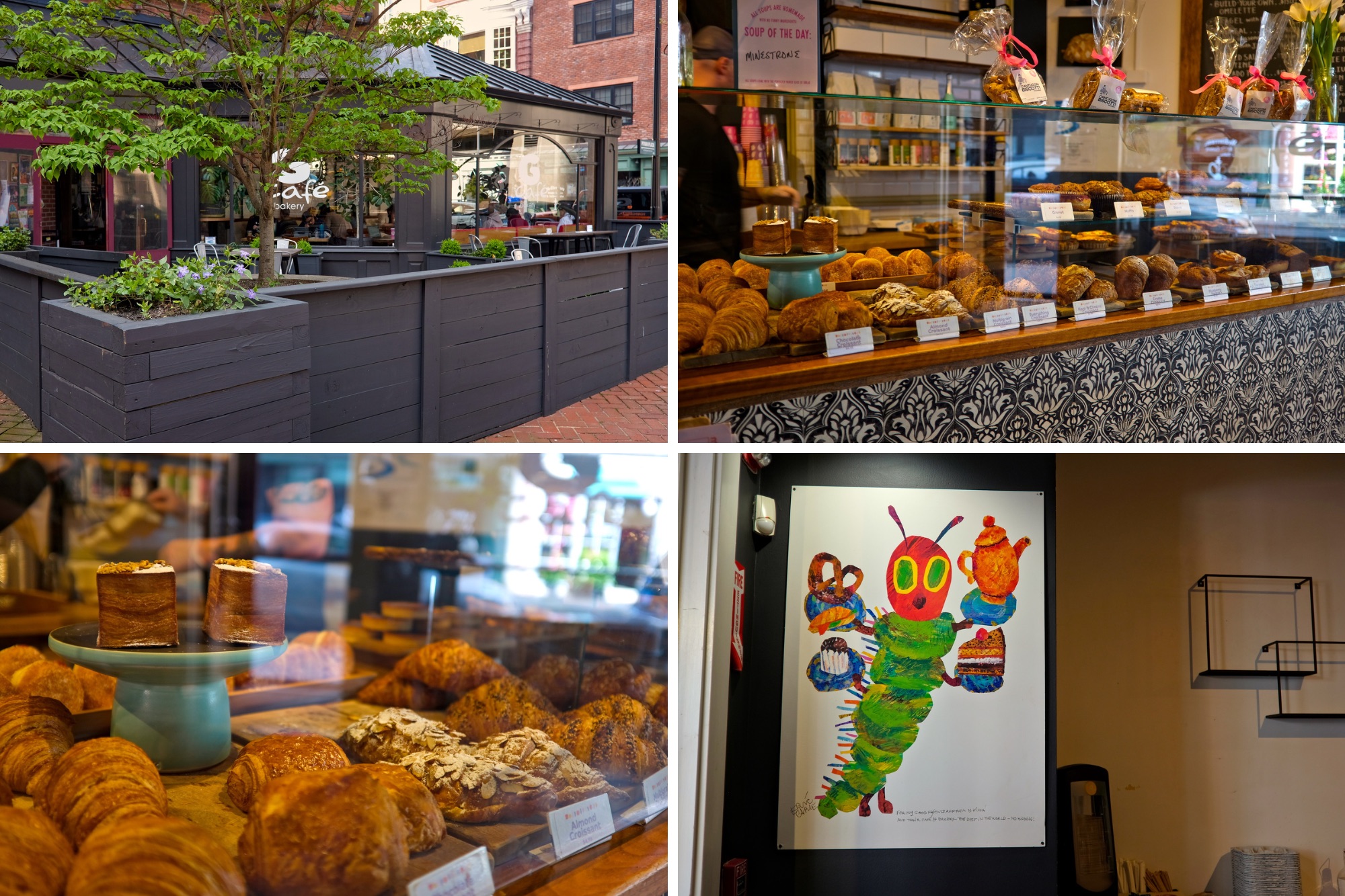 Exterior, pastry cases, and an Eric Carle print at G Cafe Bakery