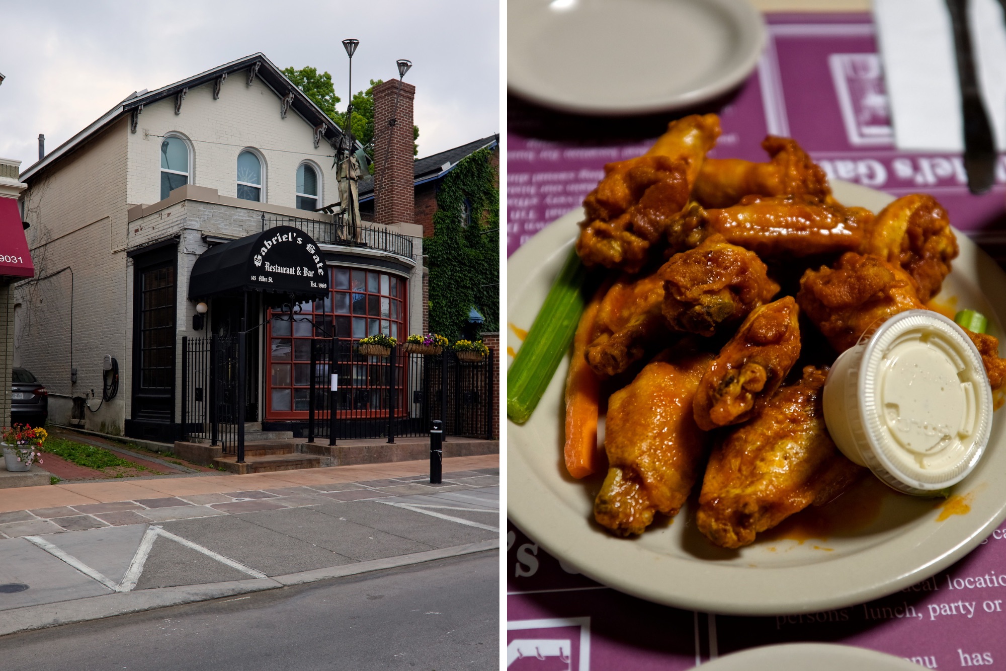 Exterior of Gabriel's Gate and a plate of wings