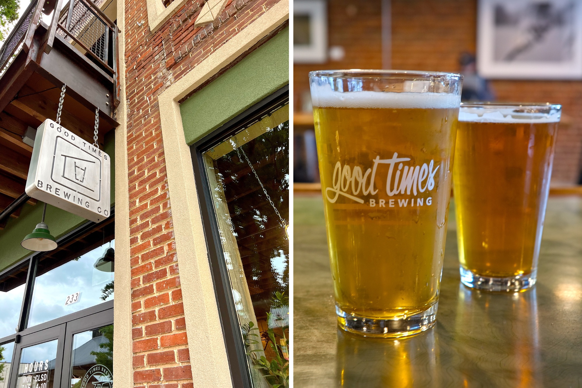 The entrance to Good Times Brewing Greenwood and two beers