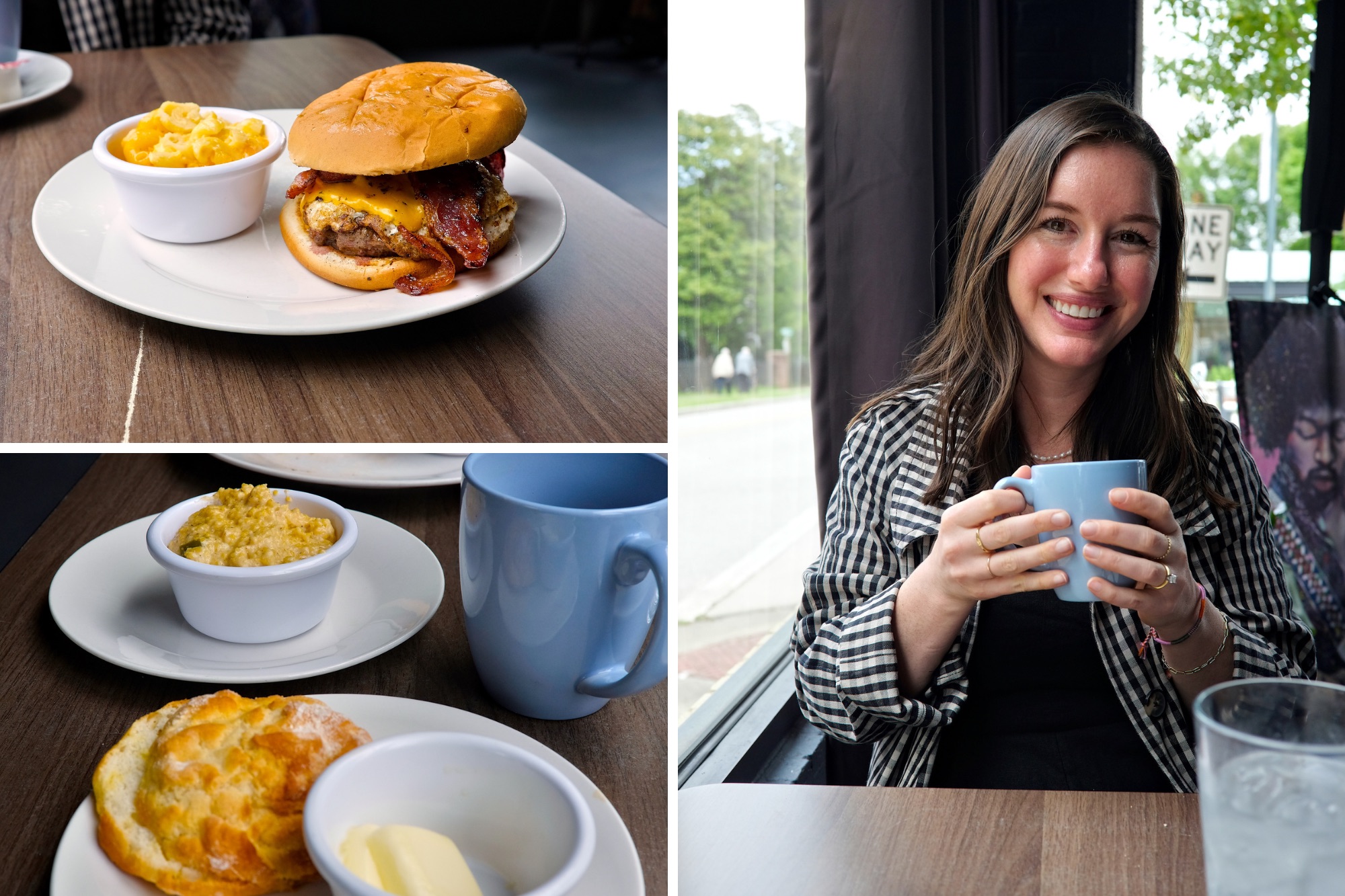 A brunch burger, biscuit and grits, and Alyssa with a coffee