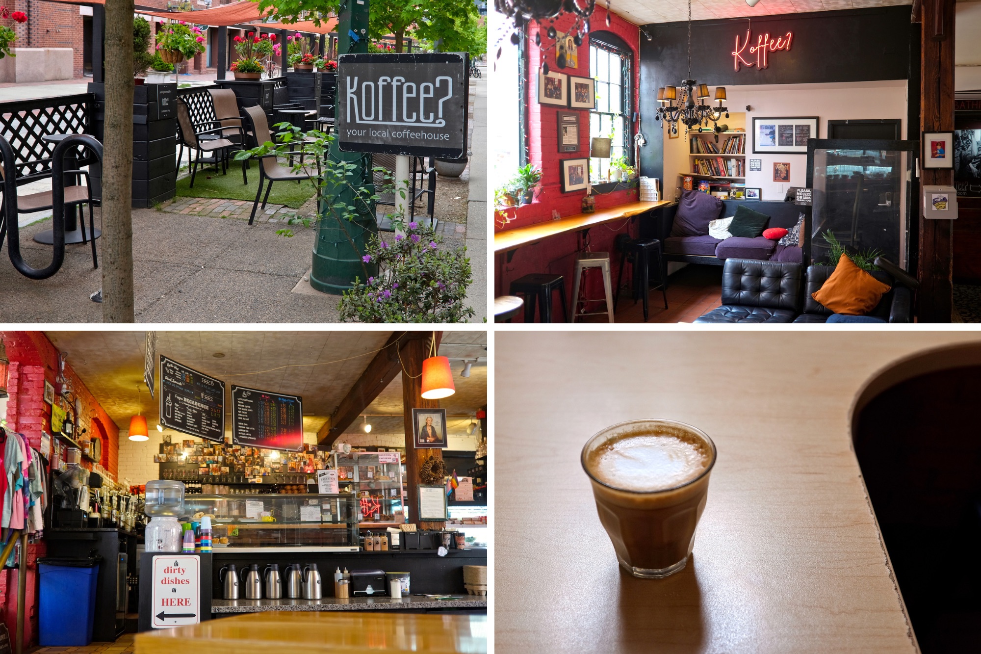 Exterior, interior and coffee at Koffee?