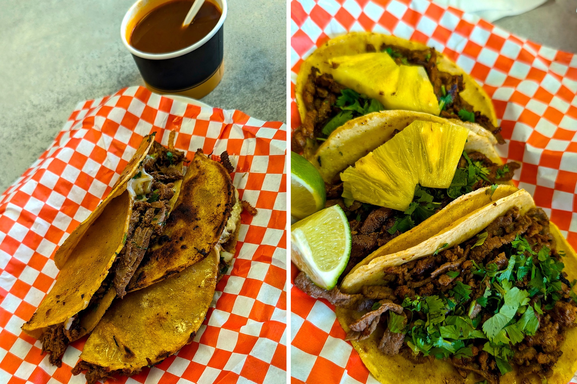 Quesabirria tacos and three street tacos from La Revolución Taqueria 