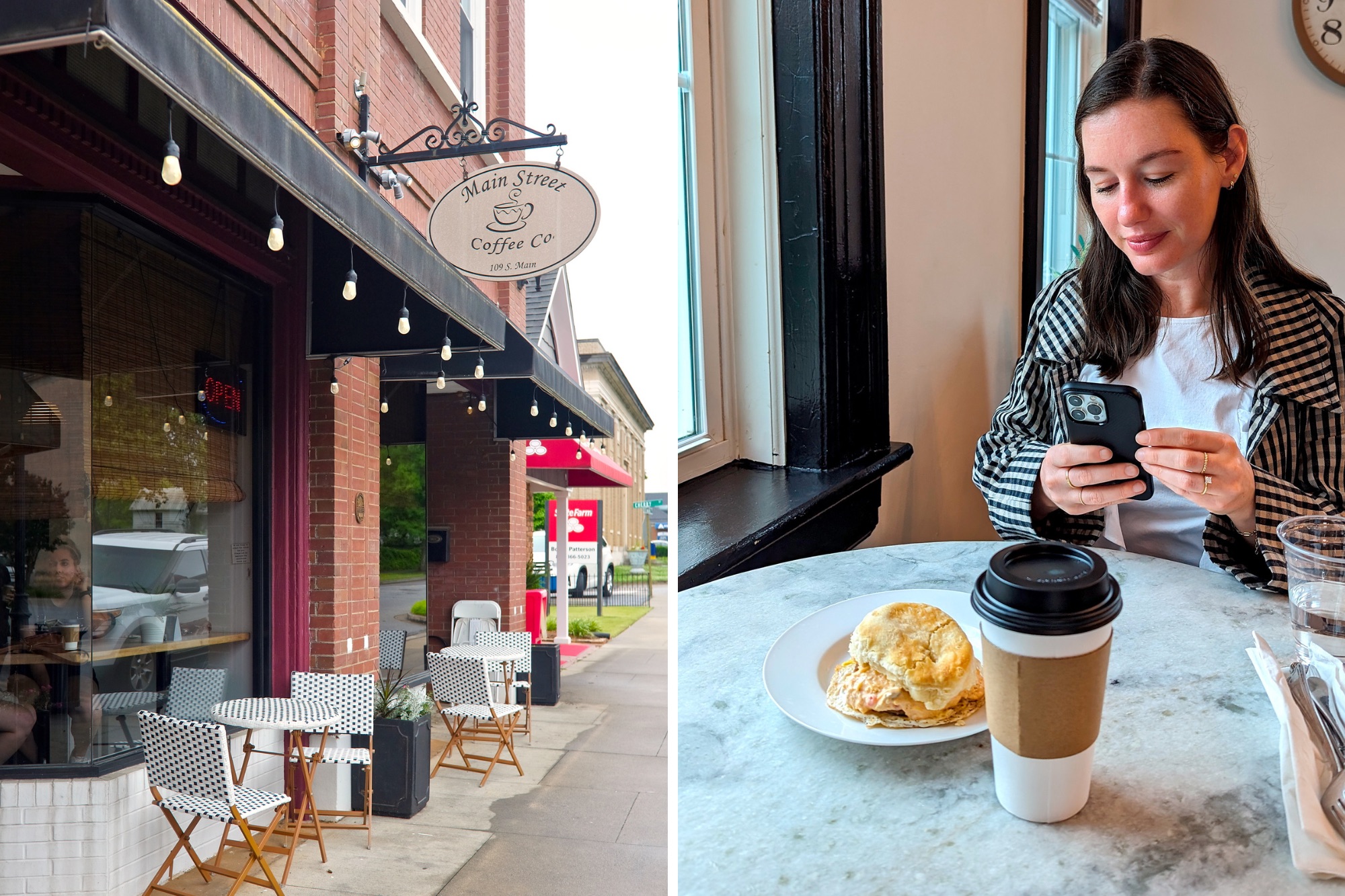 Exterior of Main Street Coffee Co. in Abbeville and Alyssa taking a photo of her breakfast