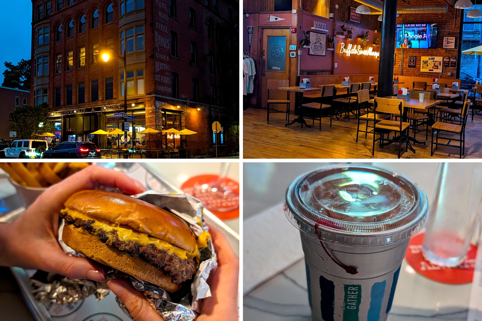 Exterior and interior of Mister Sizzle's and a burger and milkshake